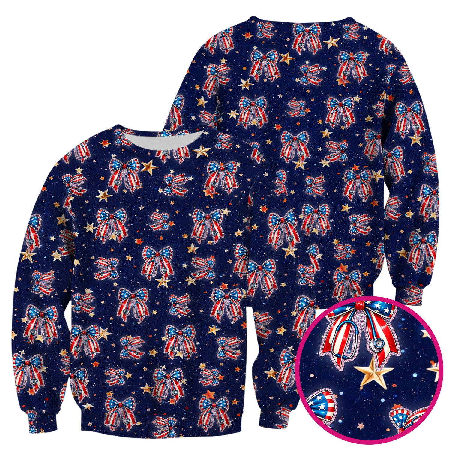 Patriotic Bow Star Print Nurse Scrub Top, Breathable Fabrics Nursing Uniform