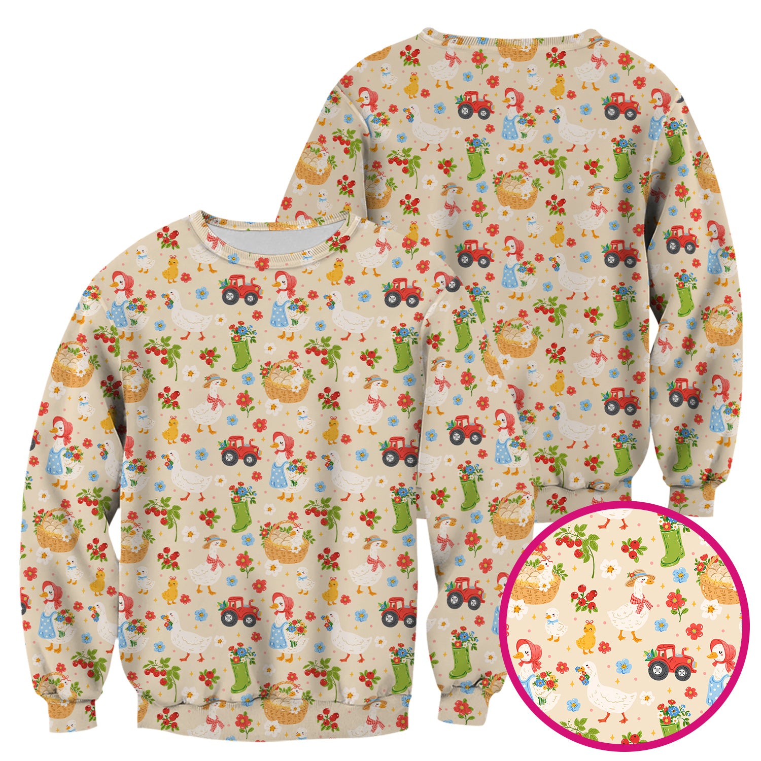 Farm Duck Chicken Tractor Flower Basket Scrub Top, Breathable Fabrics Nursing Uniform