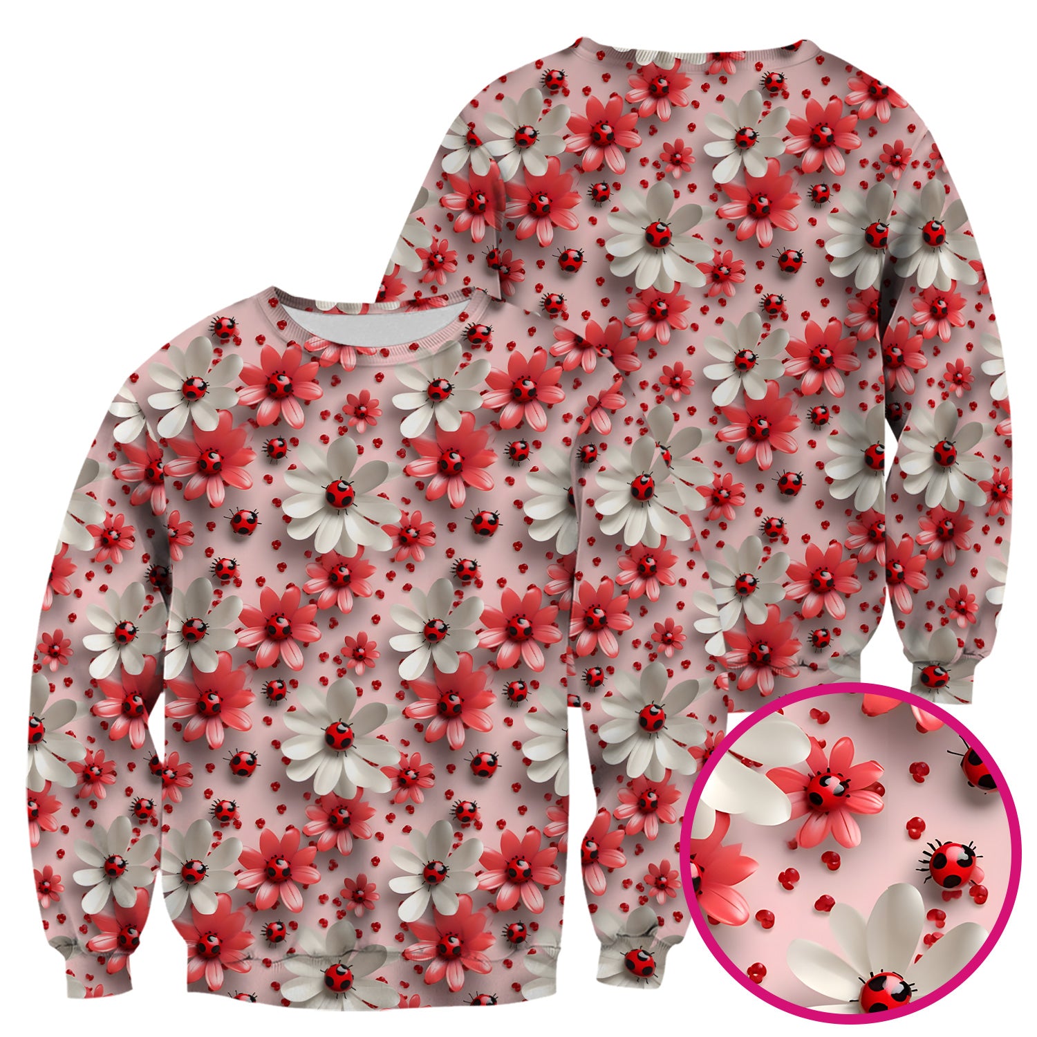 Red Ladybug Flower Pattern Scrub Top, Cute Spring Floral Nursing Uniform for Women