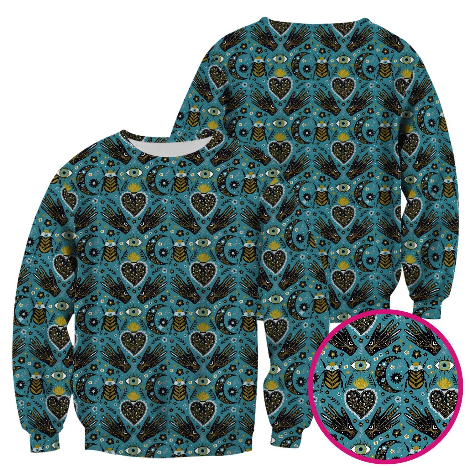 Mystic Celestial Heart & Evil Eye Pattern Scrub Top, Breathable Fabrics Nursing Uniform