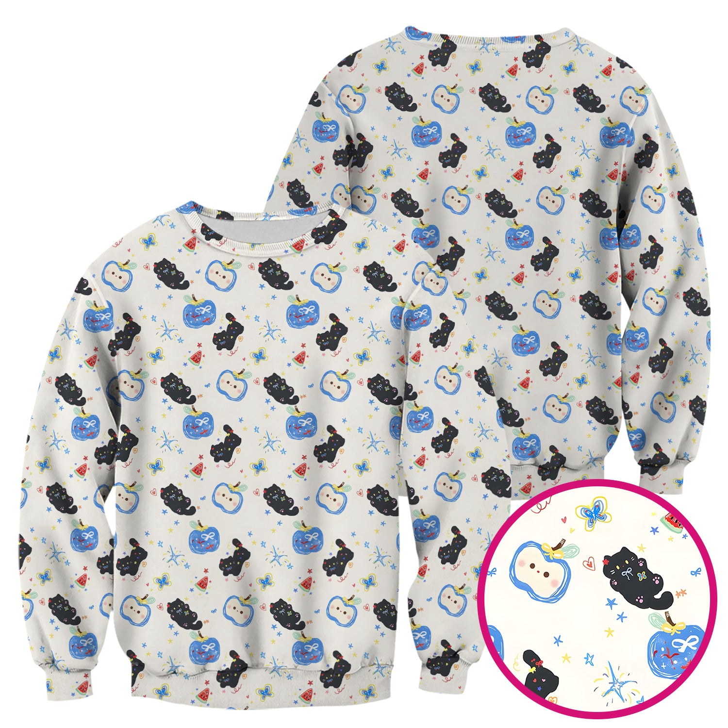 Cute Black Cat and Apple Print V Neck Scrub Top for Nurses
