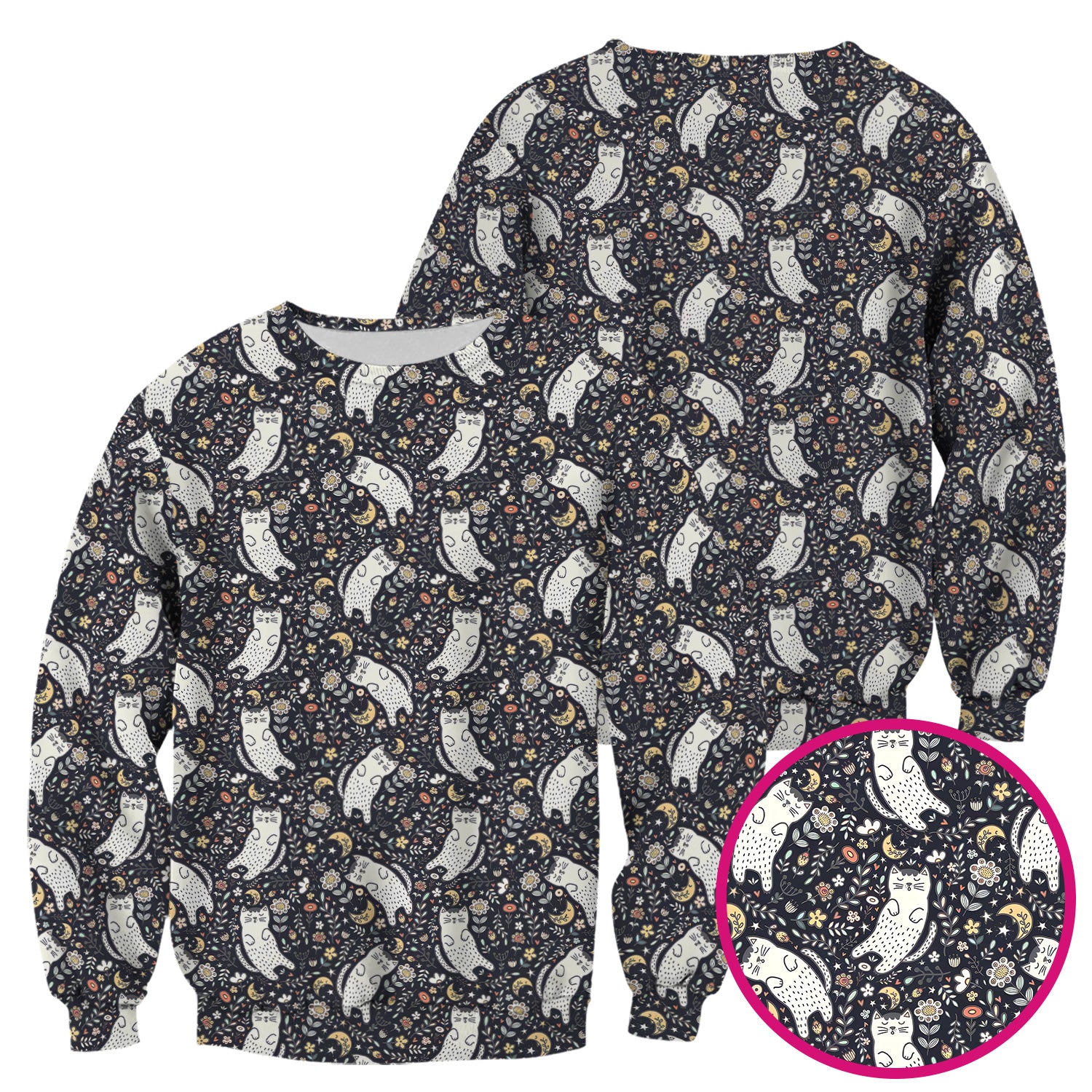 Moonlit Floral Cat Seamless Pattern Scrub Top, Comfortable Scrubs for Nurses
