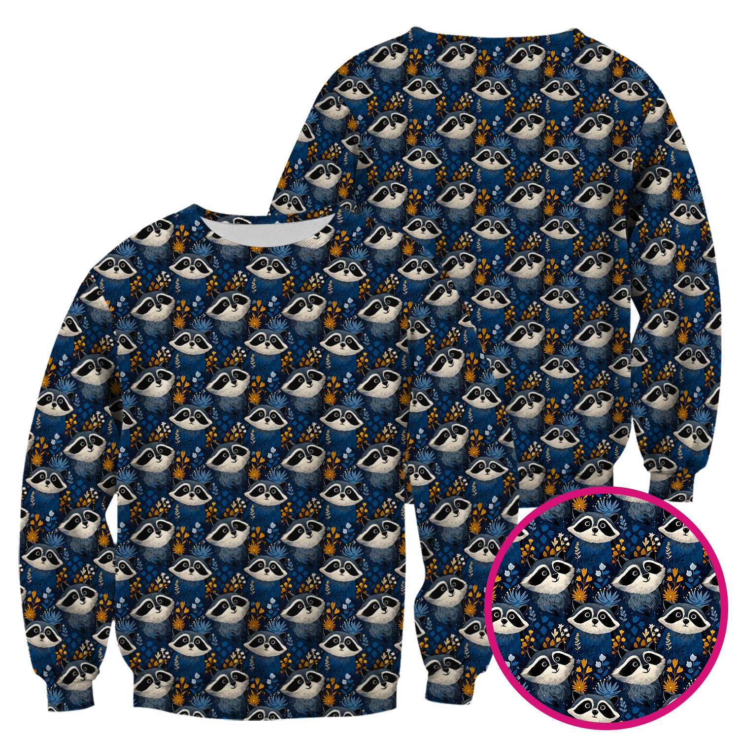 Raccoon With Blue Floral Forest Pattern Scrub Top, Breathable Fabrics Nursing Uniform