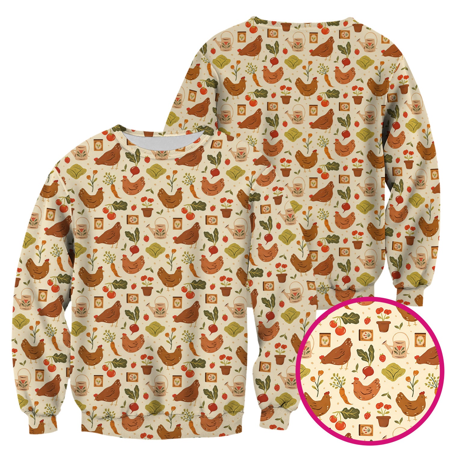 Rustic Farm Chicken Garden Vegetable Pattern Scrub Top, Comfortable Scrubs for Nurses