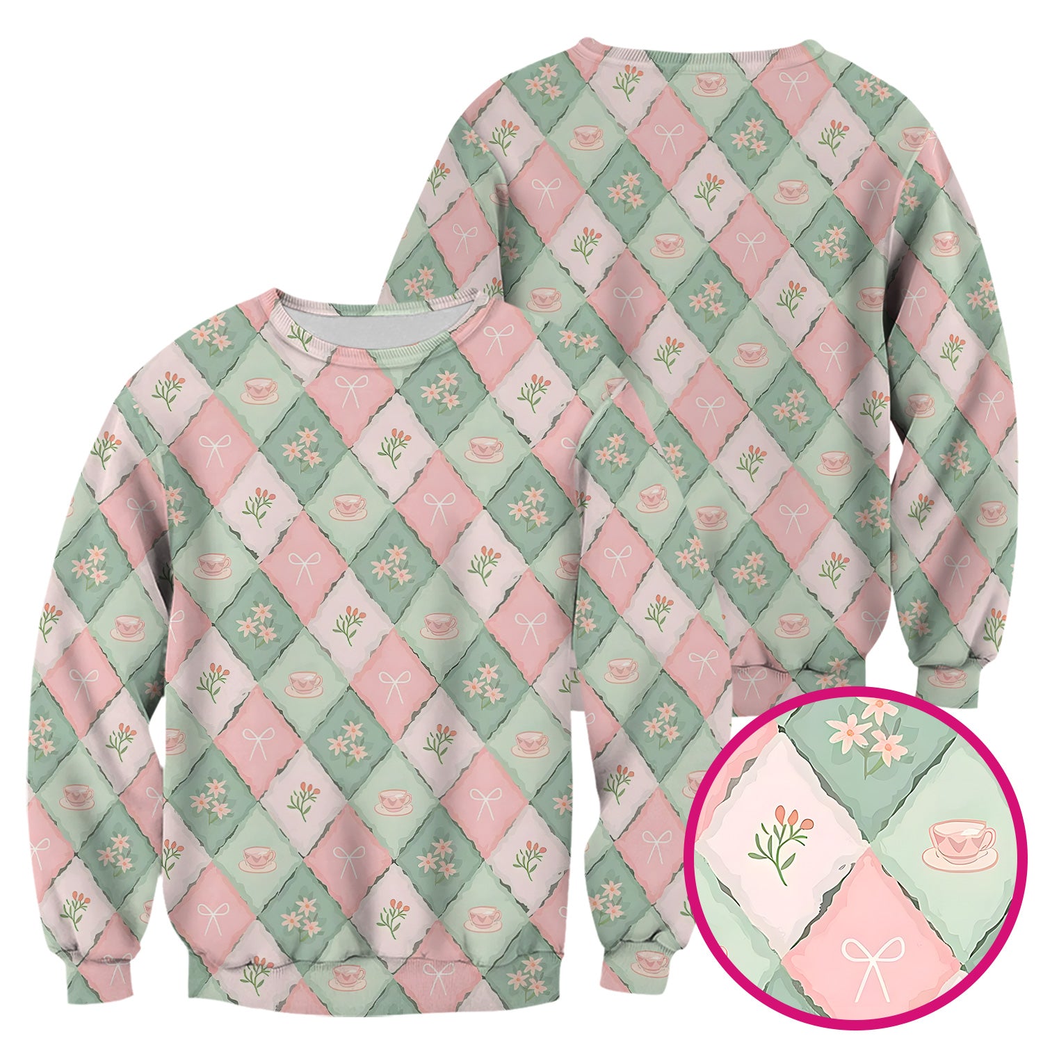 Flowers Tea Cups Pattern Scrubs Top, Comfortable Scrubs for Nurses
