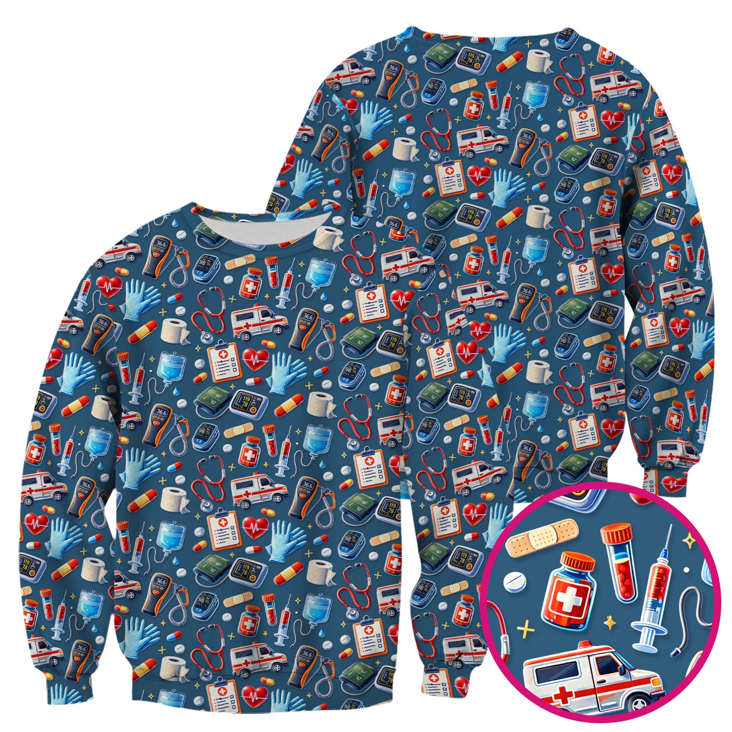 Medical Tools Pattern Ambulance Stethoscope Scrub Top, Comfortable Scrubs for Nurses