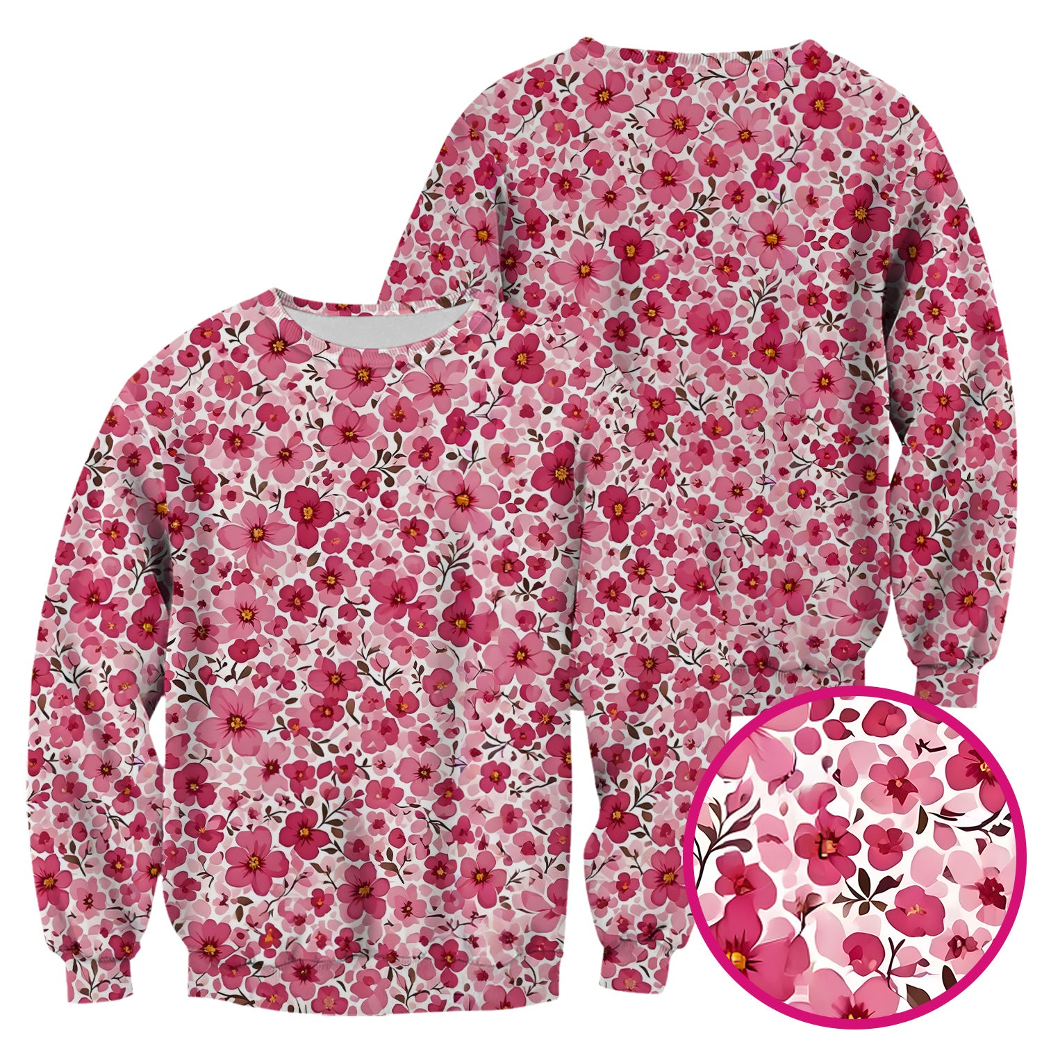 Pink Cherry Blossom Floral Pattern Scrub Top, Comfortable Scrubs for Nurses