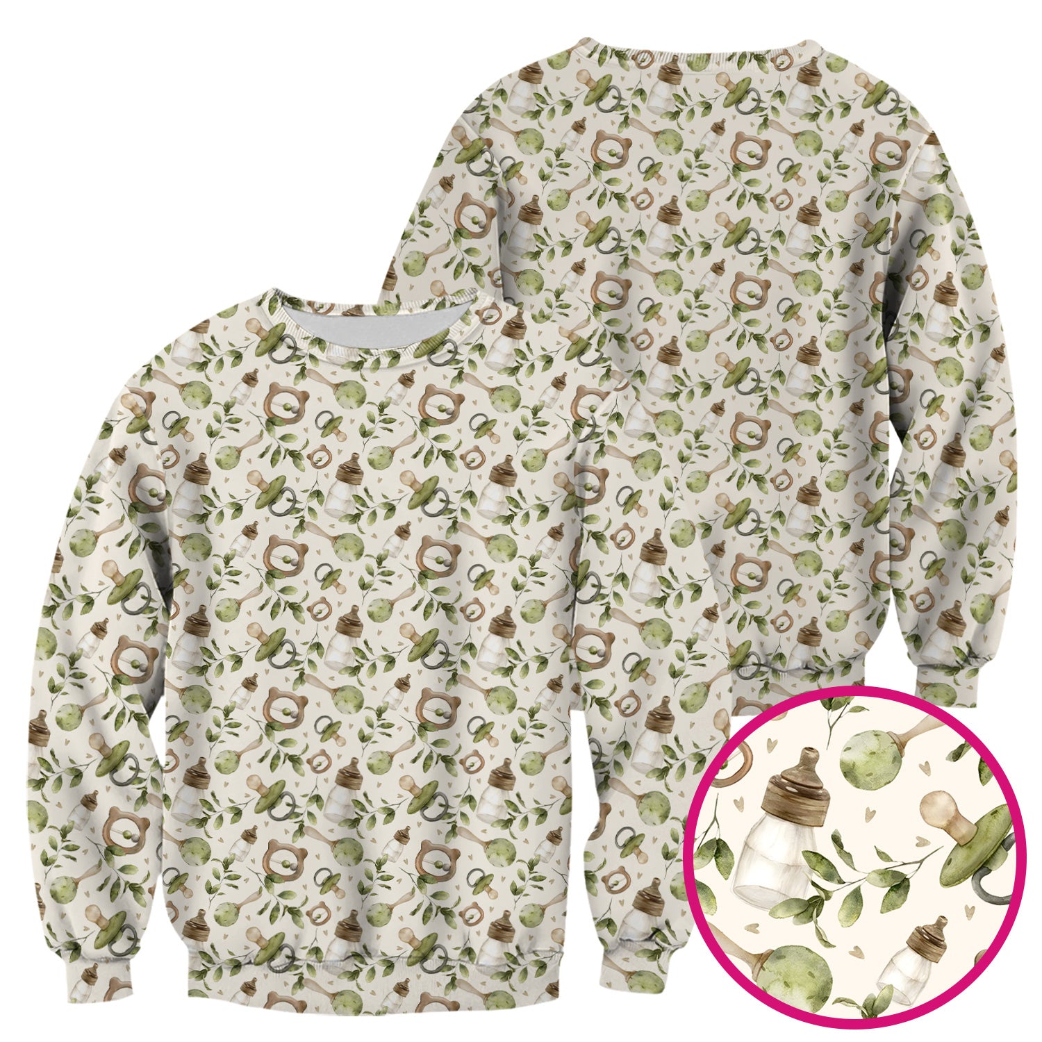 Cute Baby Bottle and Greenery Pattern Scrub Top, Breathable Fabrics Nursing Uniform
