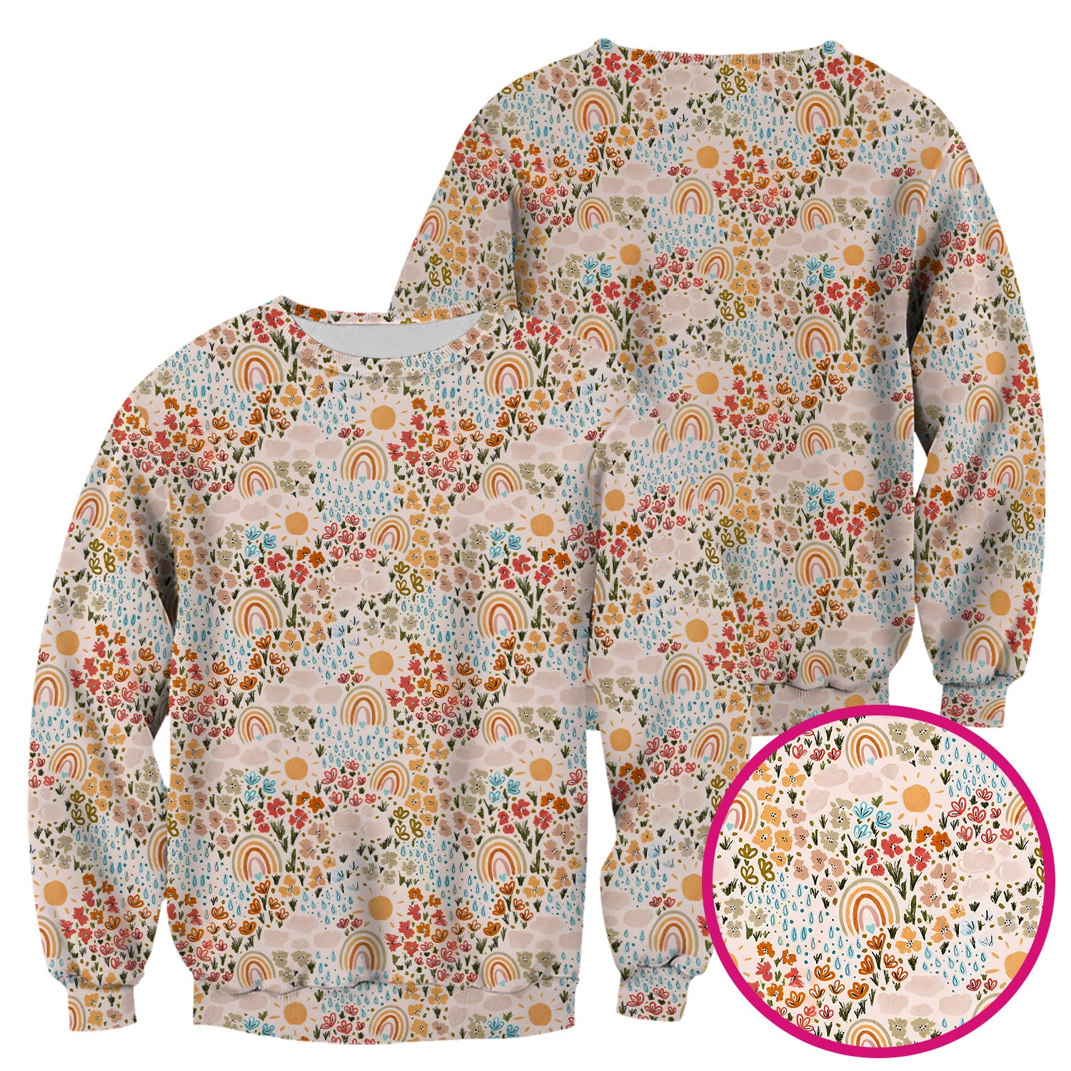Cute Wildflower Meadow With Rainbow Sun And Raindrops Scrub Top, Comfortable Scrubs for Nurses