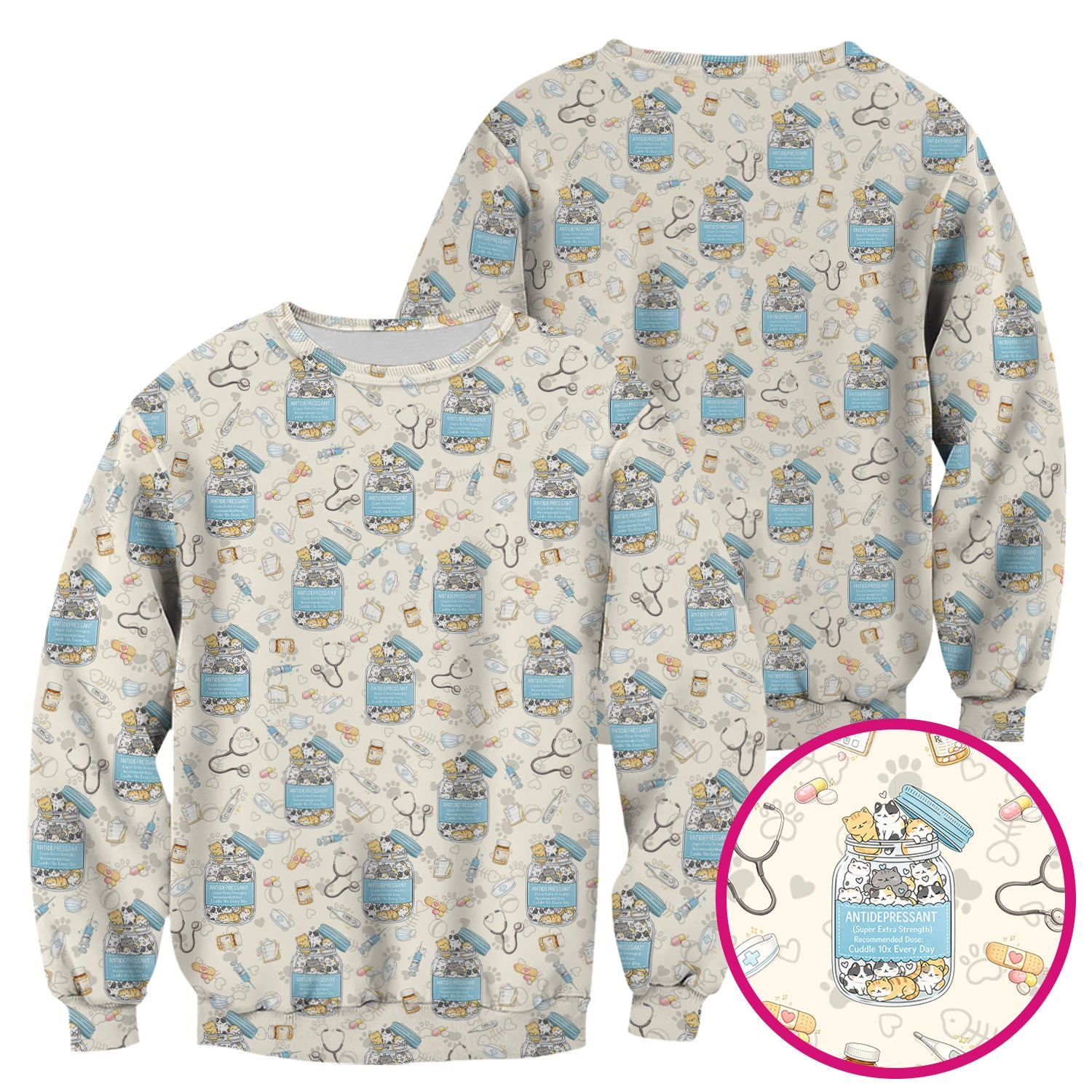 Cute Antidepressant Cat Jar Print Nurse Scrub Top, Breathable Fabrics Nursing Uniform
