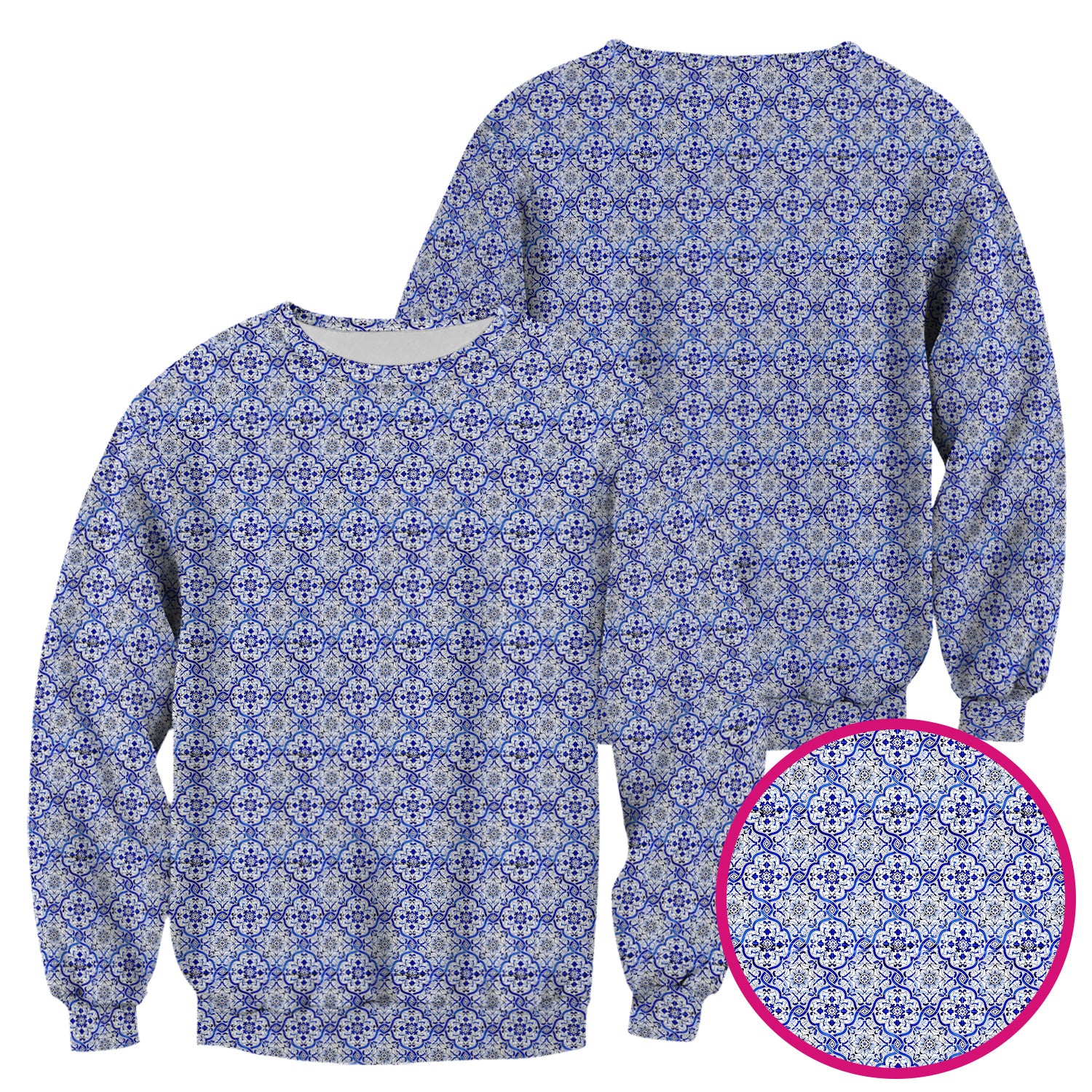 Blue Vintage Tile Floral Pattern Scrub Top, Breathable Fabrics Nursing Uniform