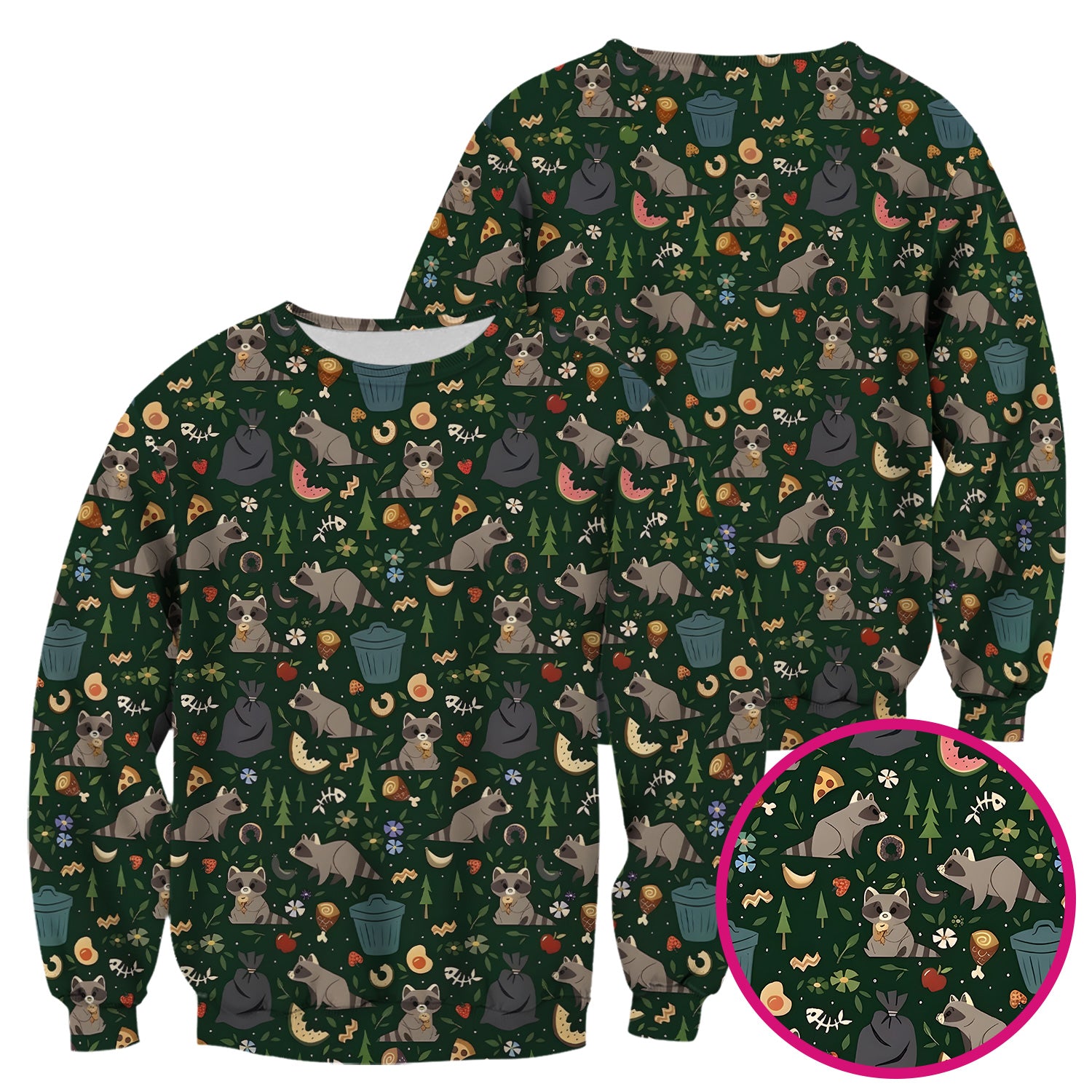 Cute Raccoon Forest Food Pattern Scrub Top, Breathable Fabrics Nursing Uniform