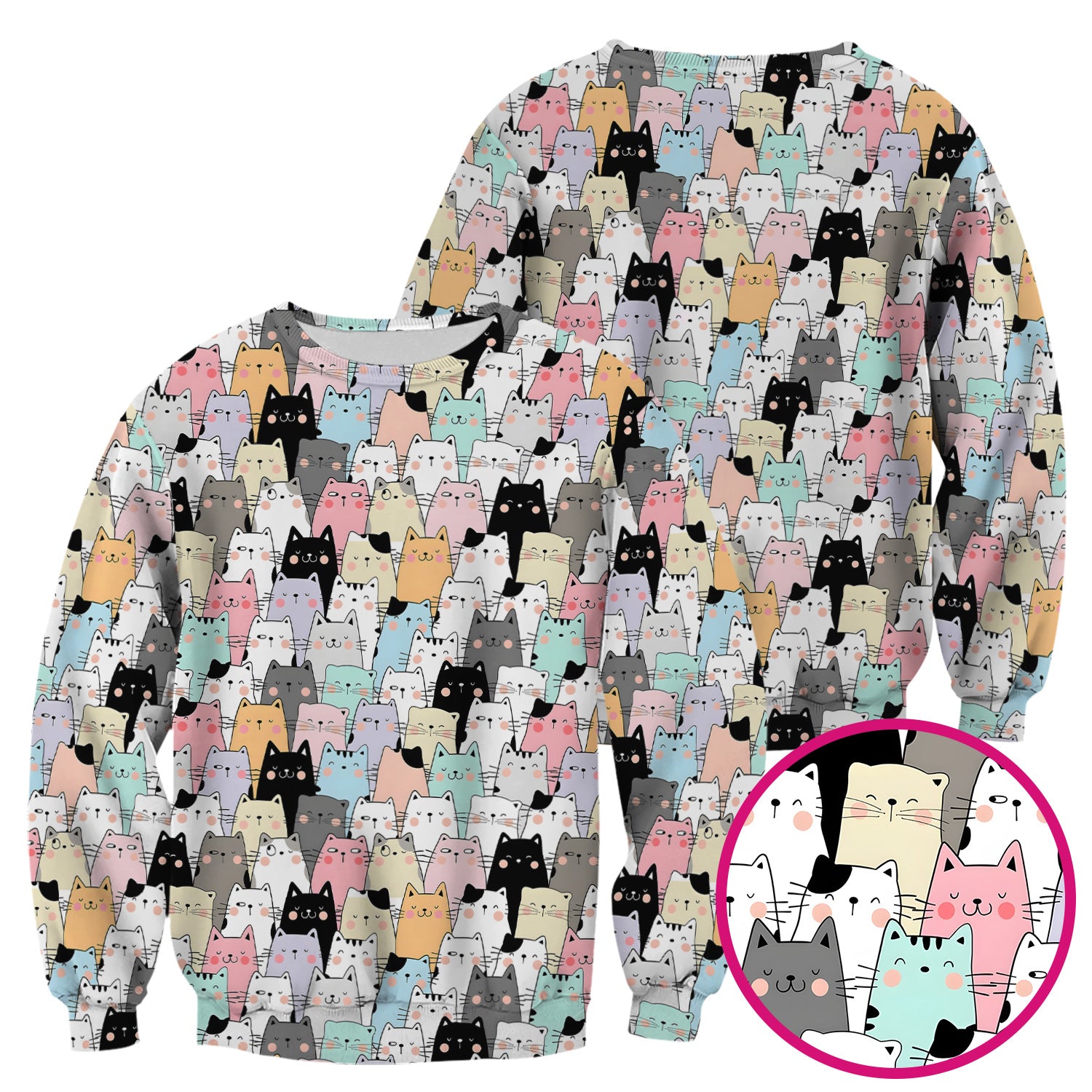 Playful Cartoon Cat Crowd Pattern Scrub Top, Comfortable Scrubs for Nurses