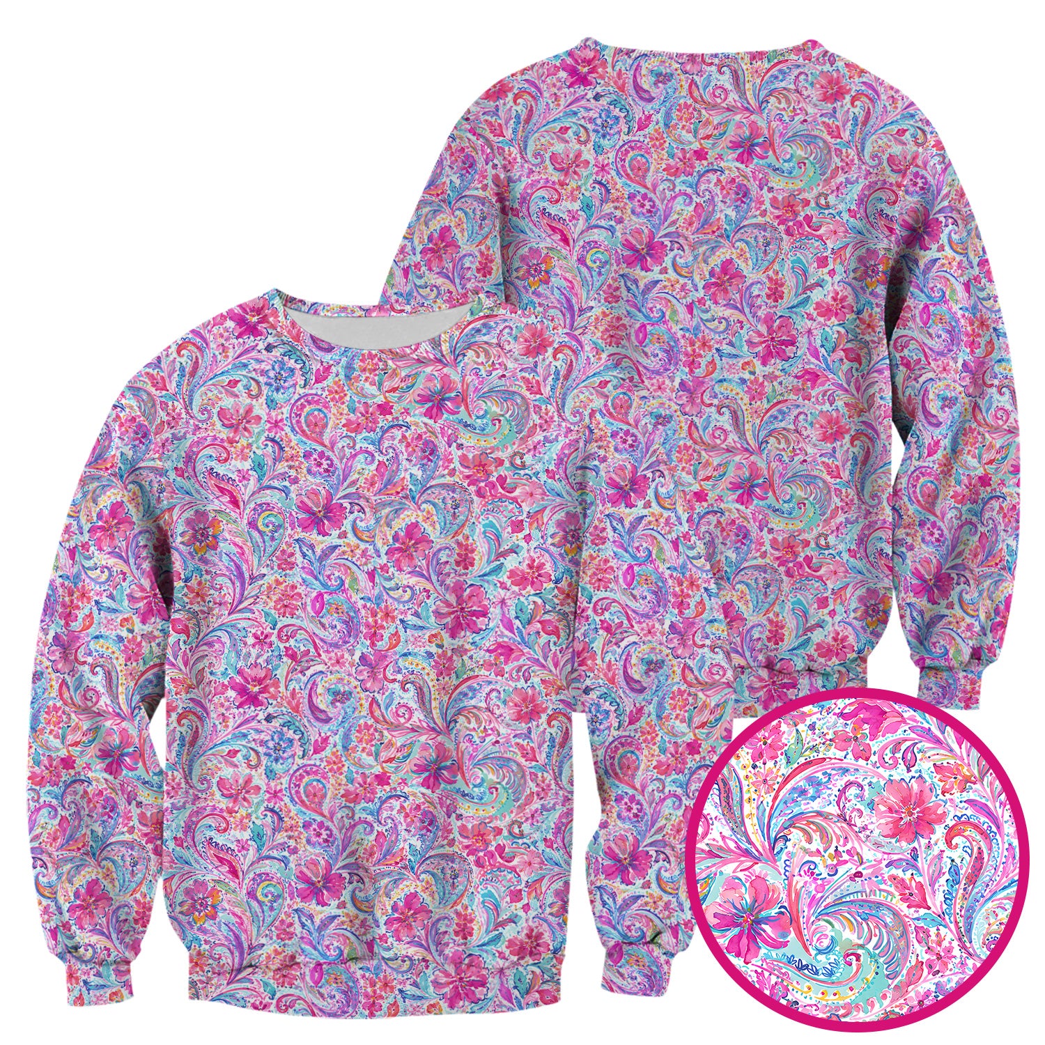 Elegant Pink Paisley Blossom Pattern Scrub Top, Comfortable Scrubs for Nurses