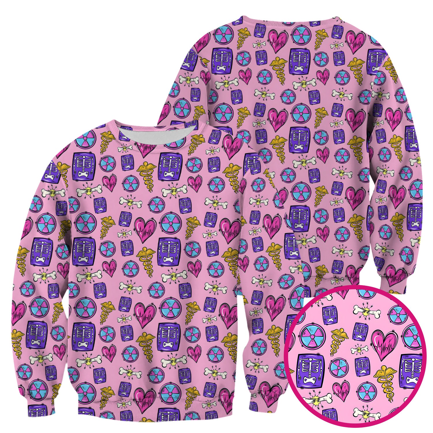 Sassy Nurse Heart Bone Caduceus Xray Icon Print Scrub Top, Comfortable Scrubs for Nurses