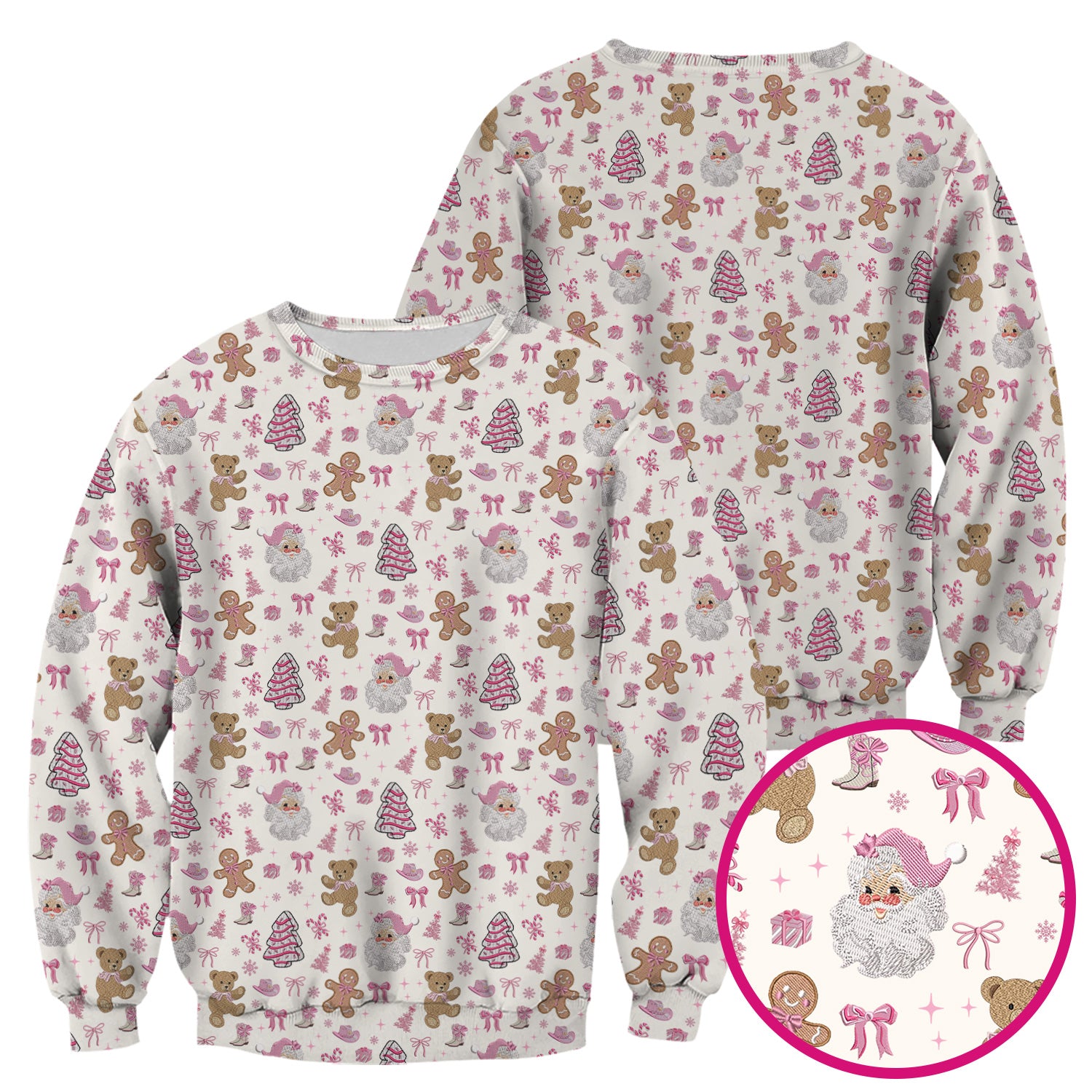 Pink Christmas Santa Gingerbread Scrub Top, Cute Holiday Medical Pattern Shirt, Breathable Fabrics Nursing Uniform