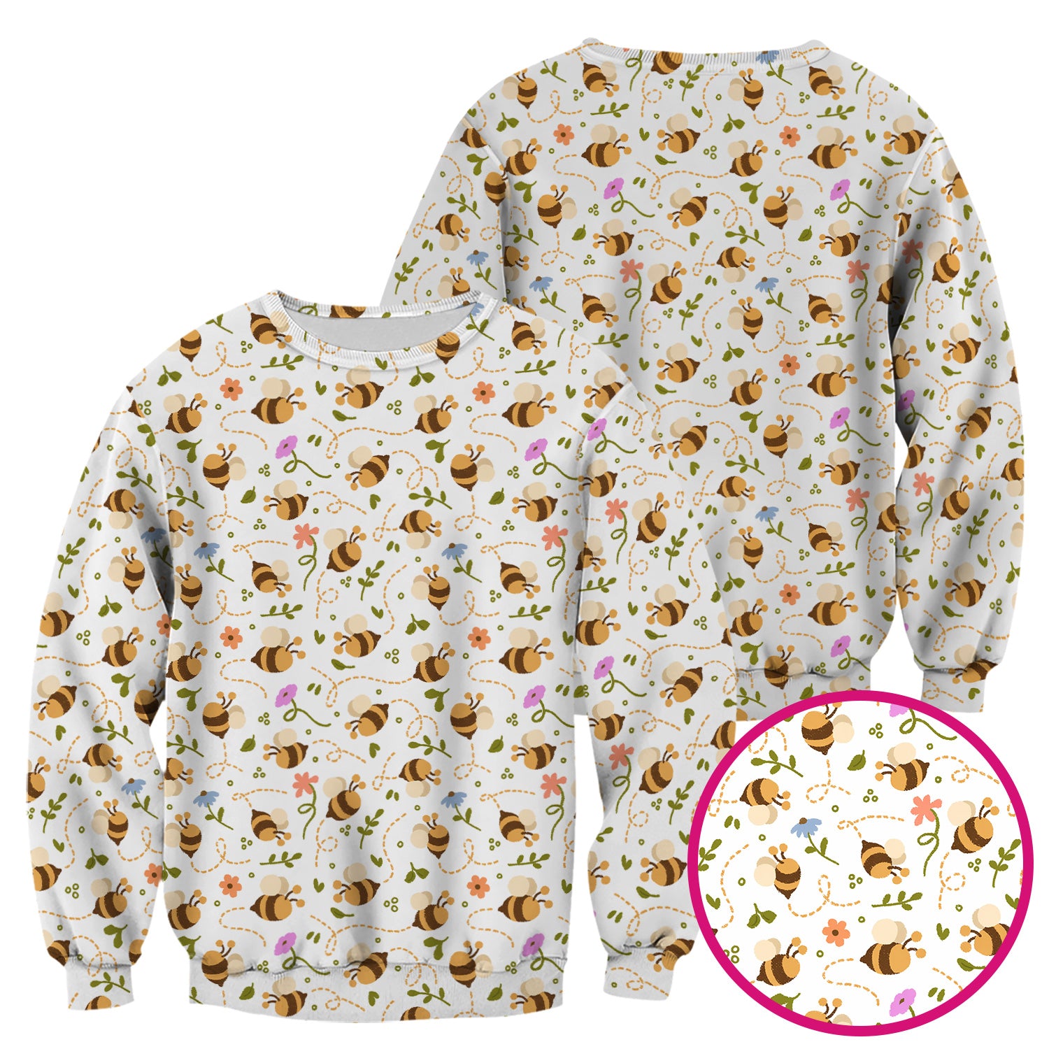 Bee Flying Floral Trail Garden Pattern Scrub Top, Breathable Fabrics Nursing Uniform