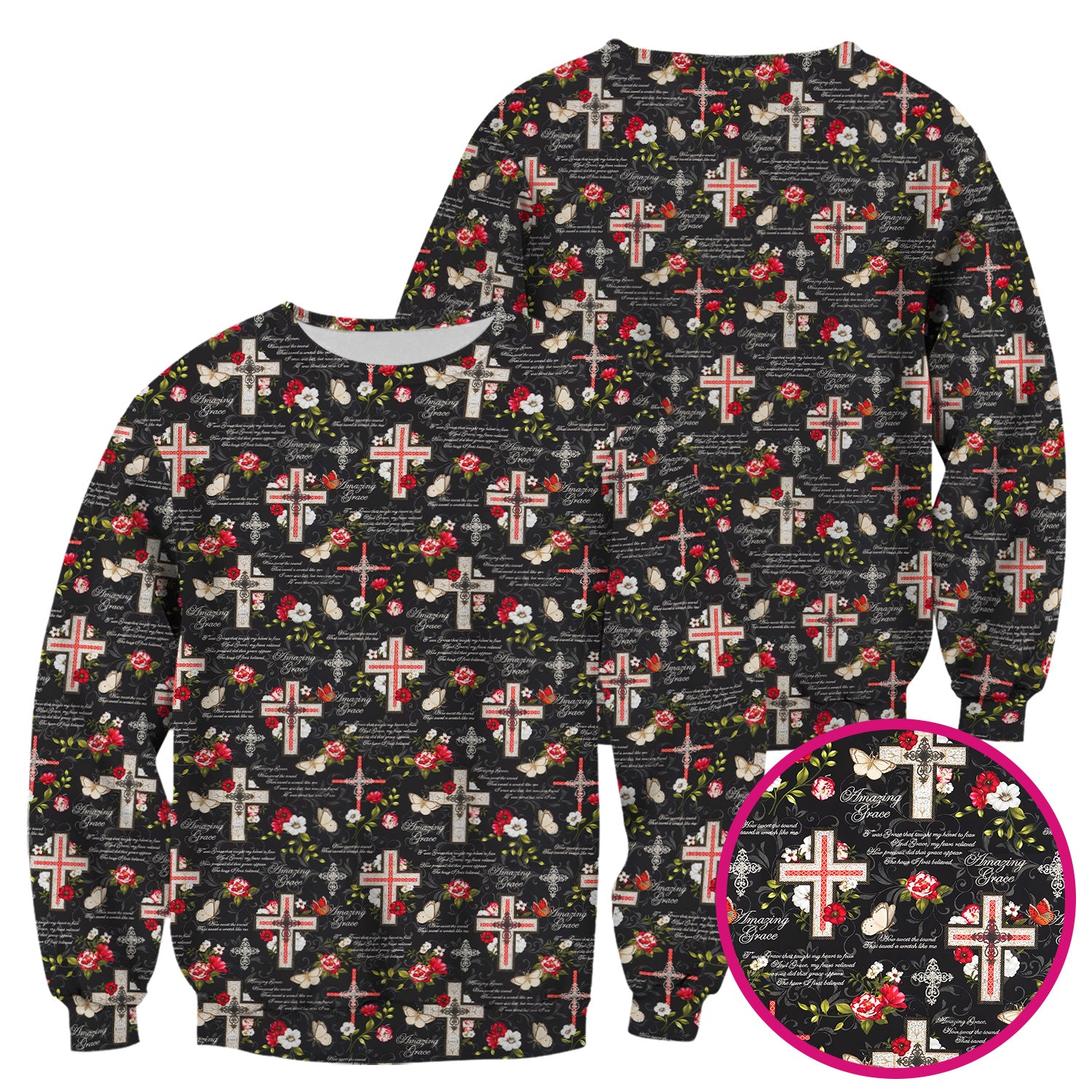 Christian Cross Roses And Butterflies Print Scrub Top, Comfortable Scrubs for Nurses