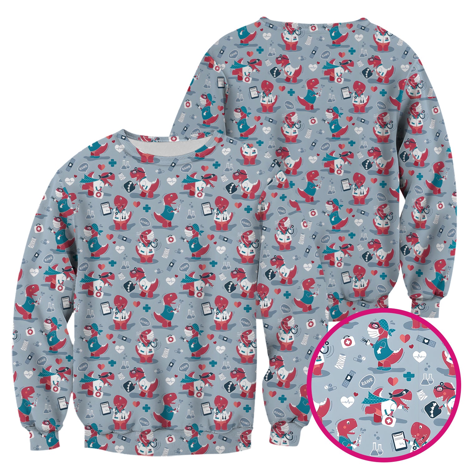 Cute Dinosaur Doctor Medical Pattern Scrub Top, Breathable Fabrics Nursing Uniform