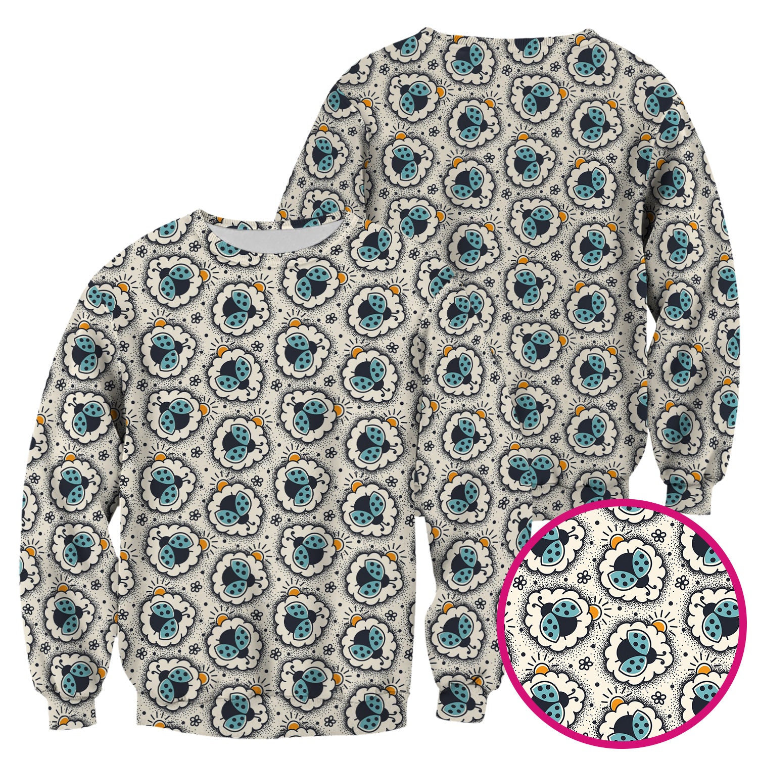 Cute Ladybug in Floral Frame Pattern Scrub Top, Breathable Fabrics Nursing Uniform
