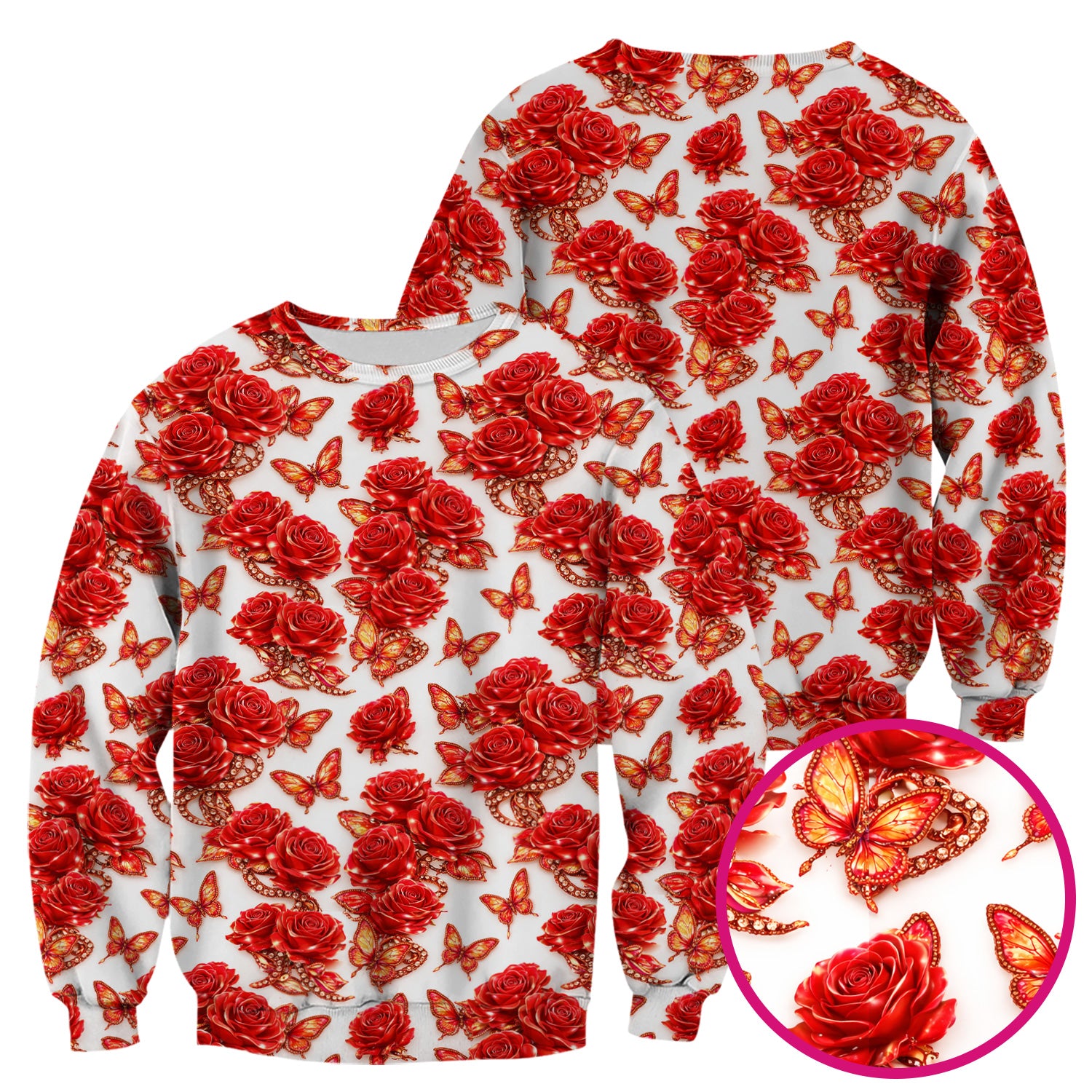 Red Rose and Butterfly Pattern Scrub Top, Comfortable Scrubs for Nurses