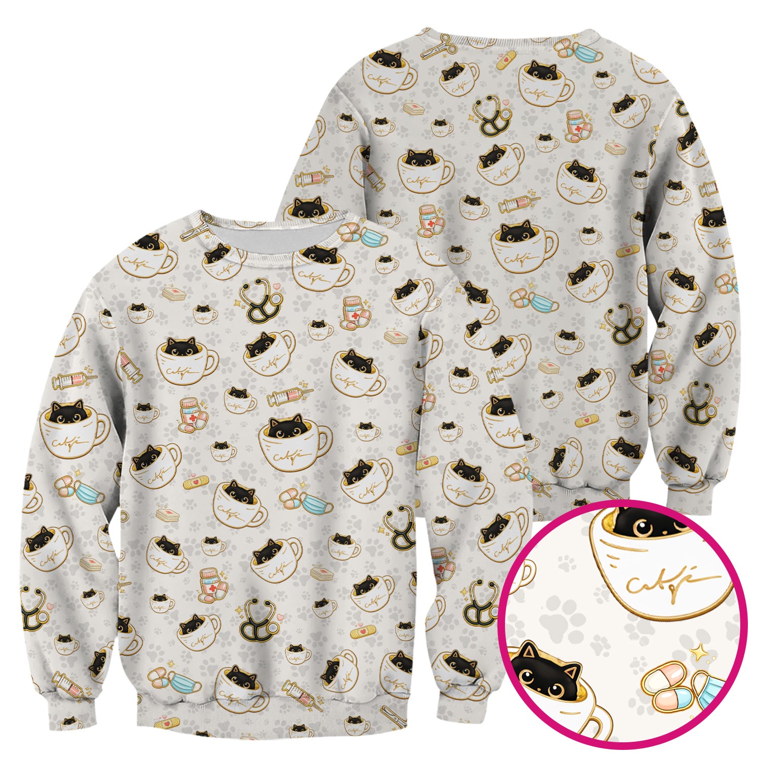 Cute Coffee Cat Medical Print Scrub Top, Breathable Fabrics Nursing Uniform