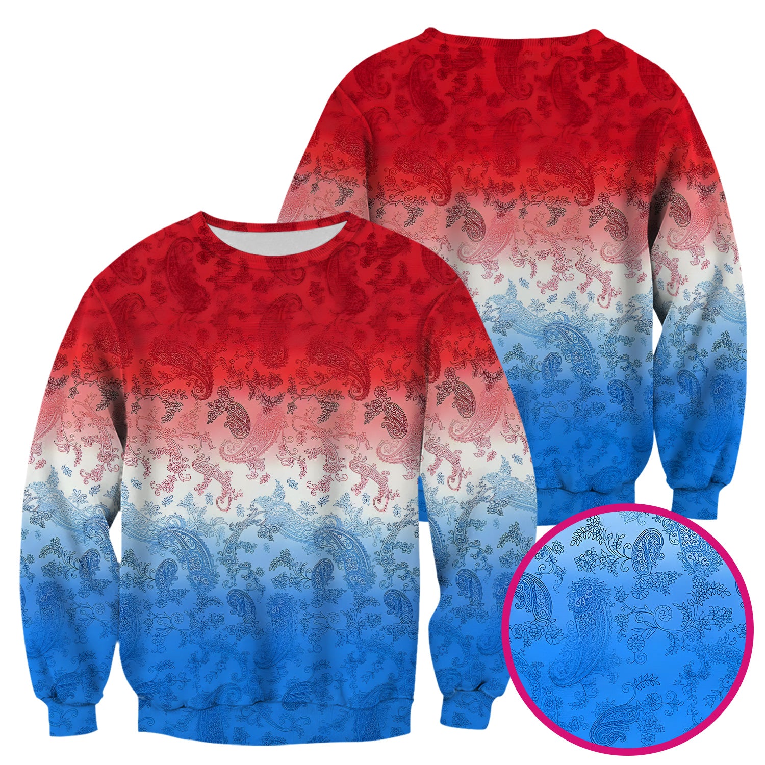 Red Blue Paisley Ombre Pattern Scrub Top, Comfortable Scrubs for Nurses