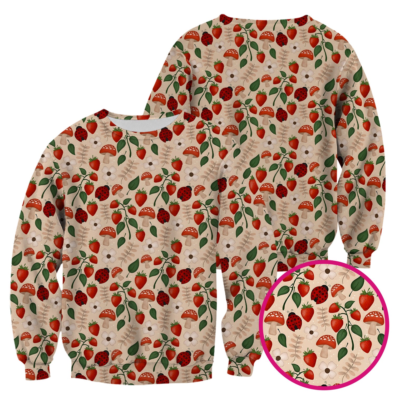 Strawberry Ladybug Mushroom Floral Scrub Top, Breathable Fabrics Nursing Uniform