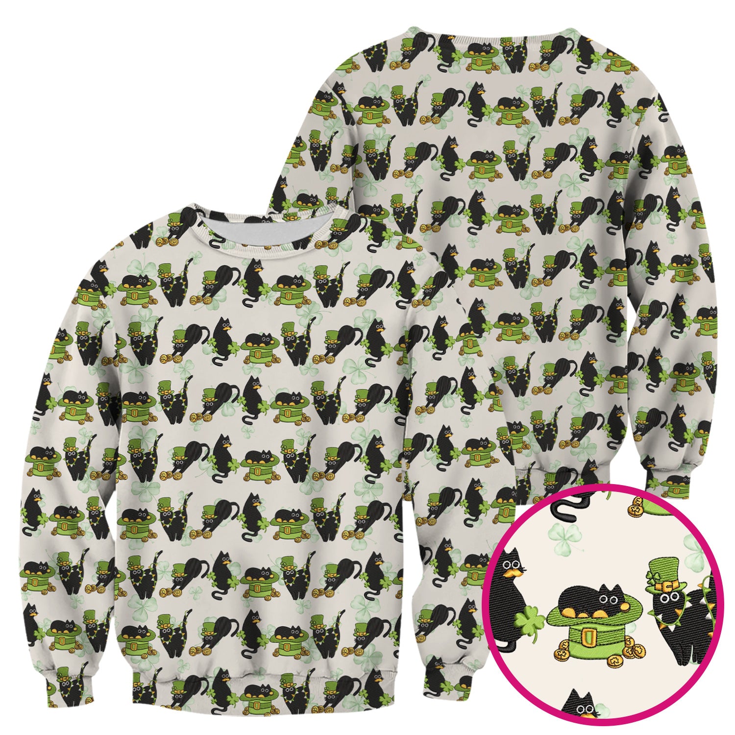 St. Patrick Black Cat Clover Print Nurse Scrub Top, Comfortable Scrubs for Nurses