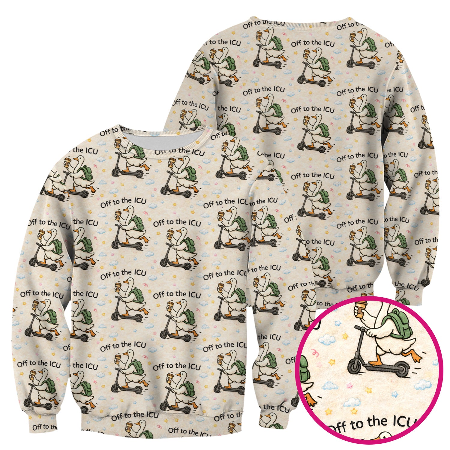 Funny Goose Off To The ICU Pattern Scrubs Top, Breathable Fabrics Nursing Uniform