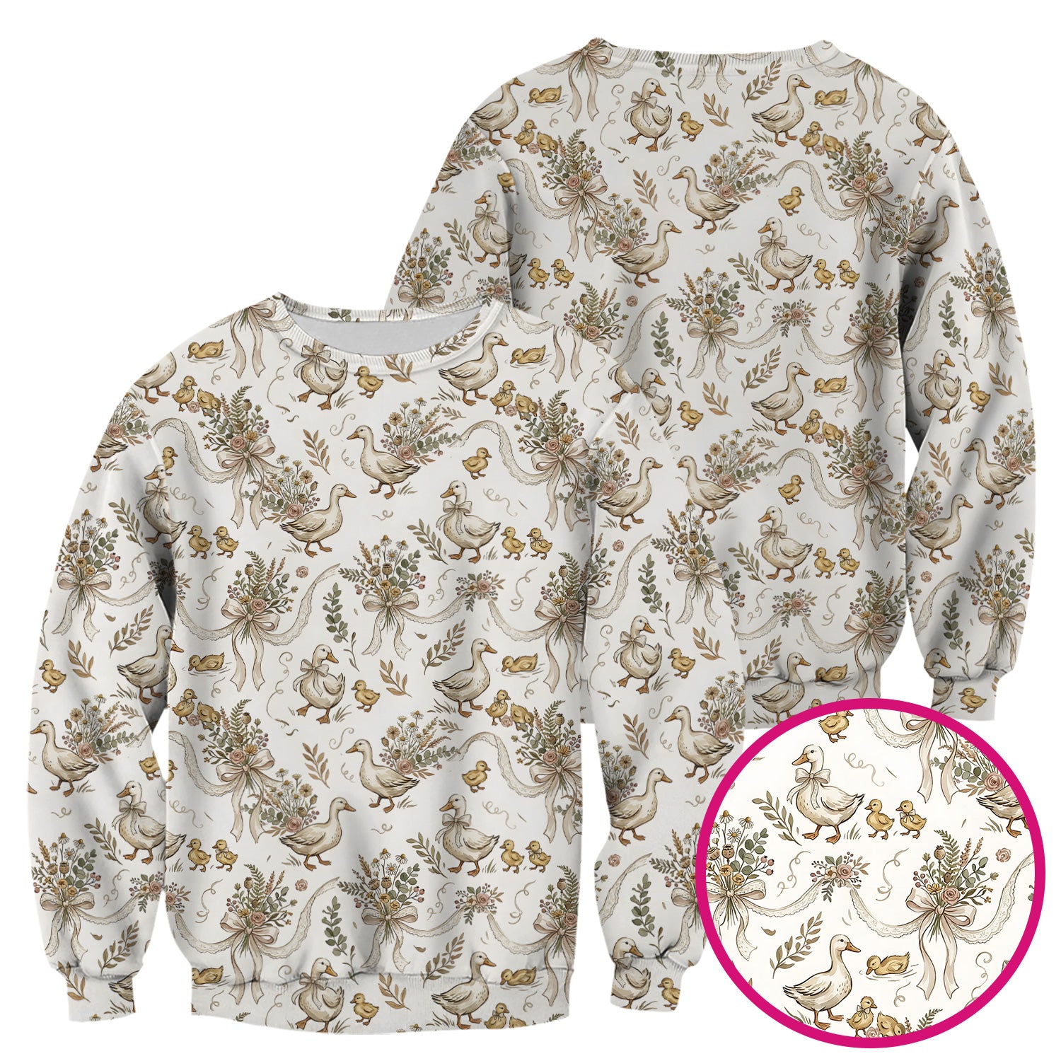 Vintage Duck Family Ribbon Floral Pattern Nurse Scrub Top, Breathable Fabrics Nursing Uniform