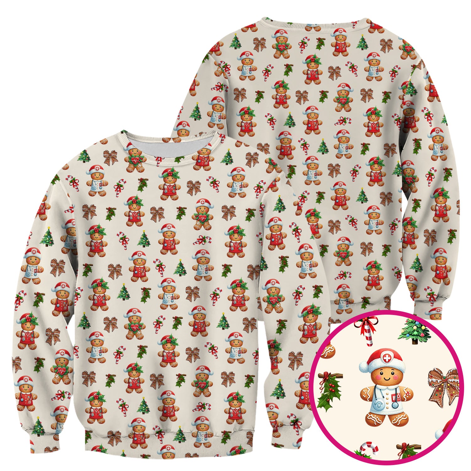 Funny Gingerbread Christmas Scrub Top - Cute Cookie with Bow Shirt - Festive Holiday Scrubs for Women