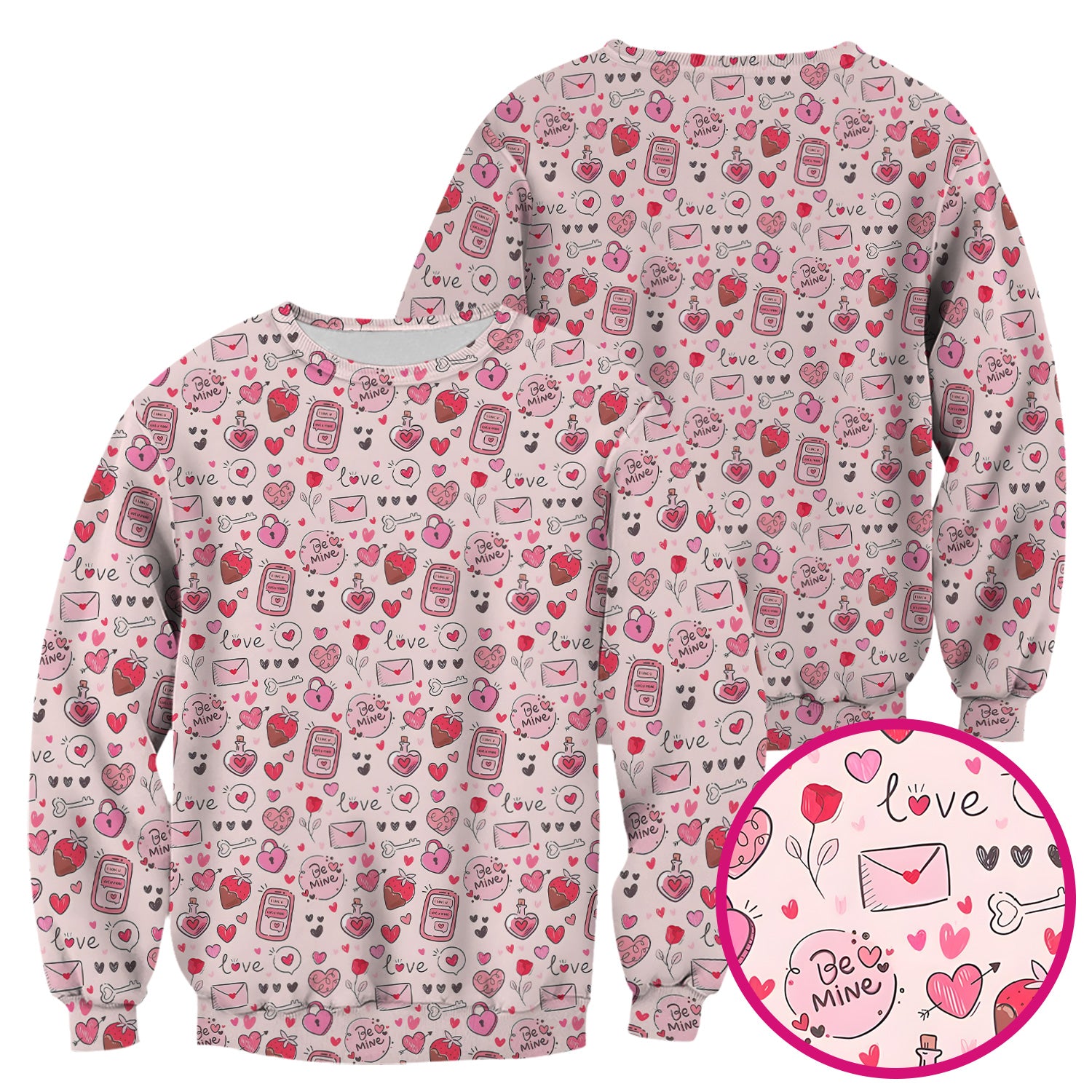 Be Mine Heart Pattern Pattern Scrub Top, Pink Valentine Pattern Nursing Uniform For Women