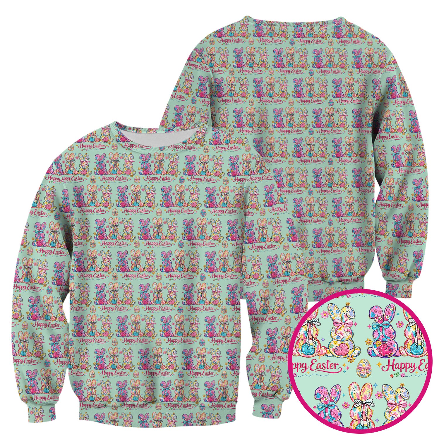 Pink Happy Easter Bunny Pattern Scrub Top, Comfortable Scrubs for Nurses
