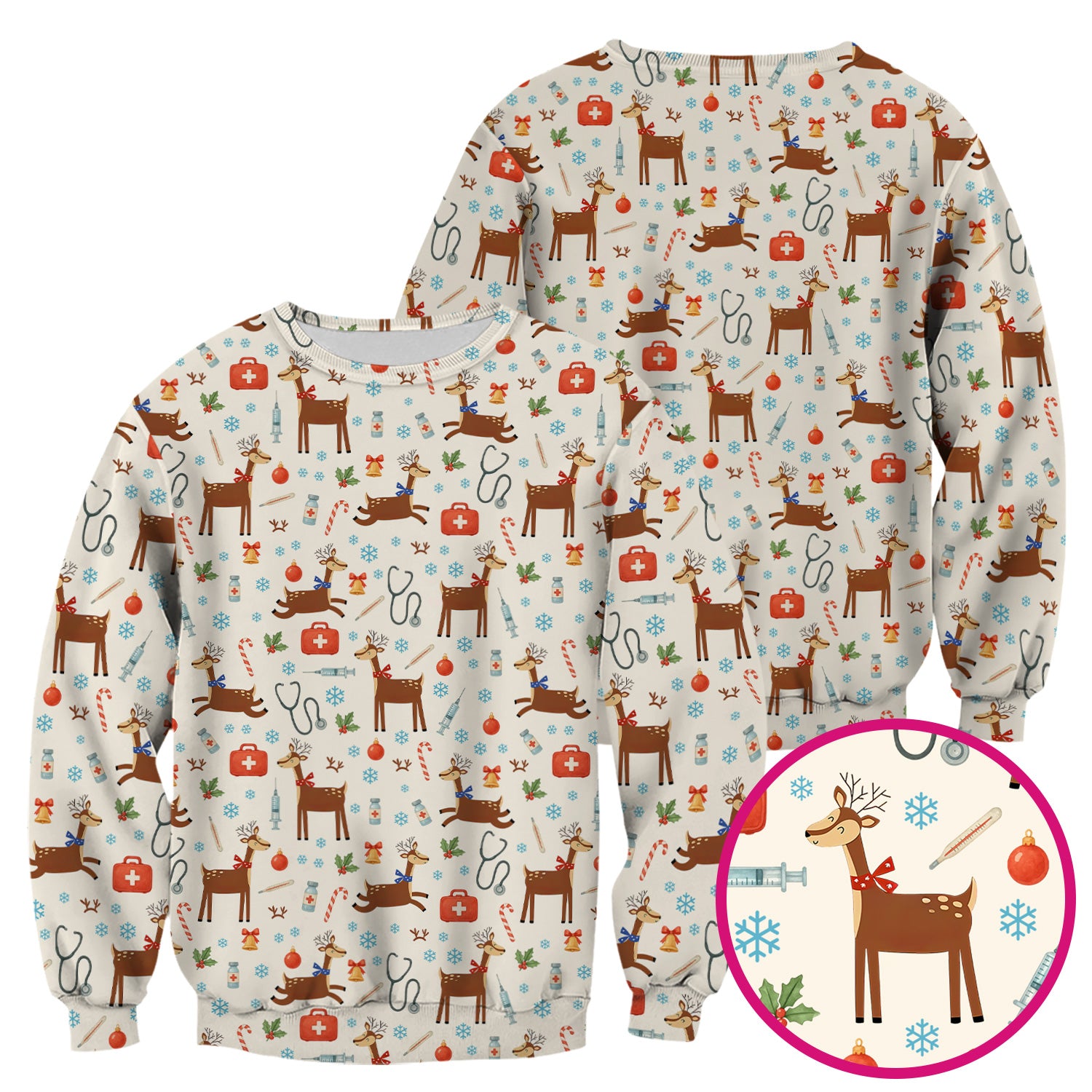Reindeer Christmas Scrub Top - Snowflakes Candy Canes Holiday Medical Shirt - Xmas Scrubs for Women RN CNA LPN
