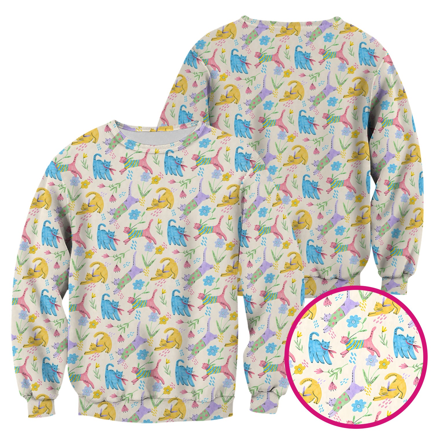 Cute Colorful Cat Floral Pattern Scrub Top, Comfortable Scrubs For Nurses
