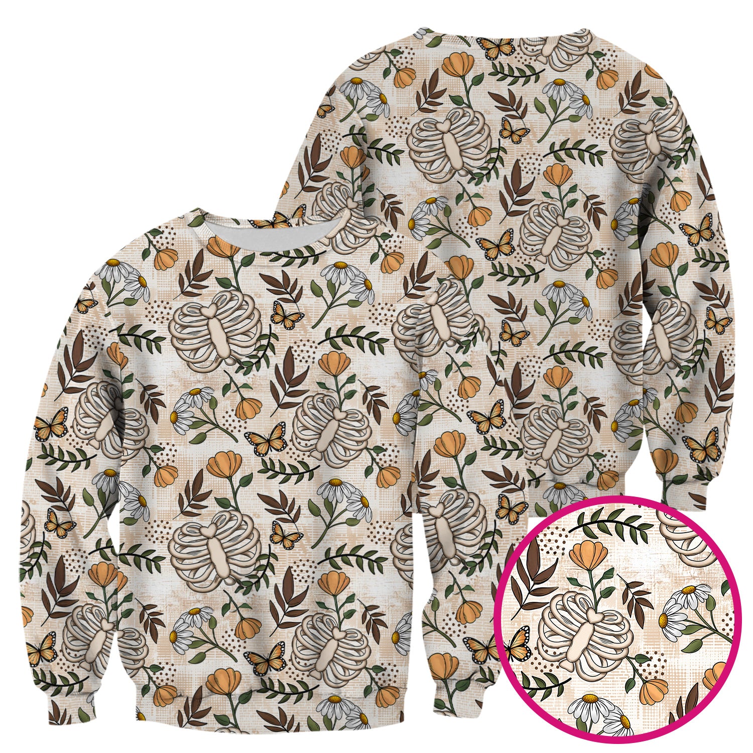 Skeleton Ribcage With Daisy And Butterfly Floral Scrub Top, Breathable Fabrics Nursing Uniform