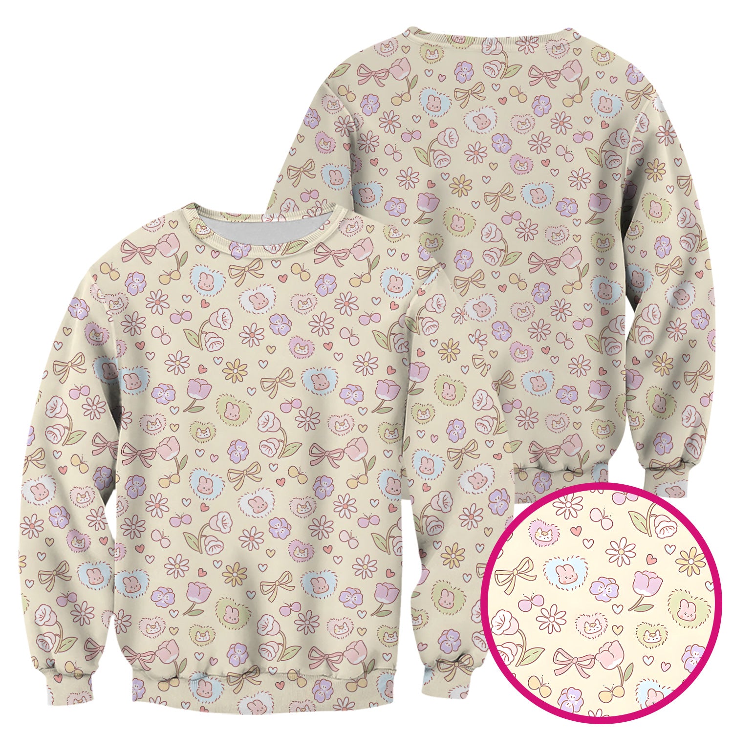 Pastel Bunny Flower Heart Pattern Nurse Scrub Top, Comfortable Scrubs for Nurses