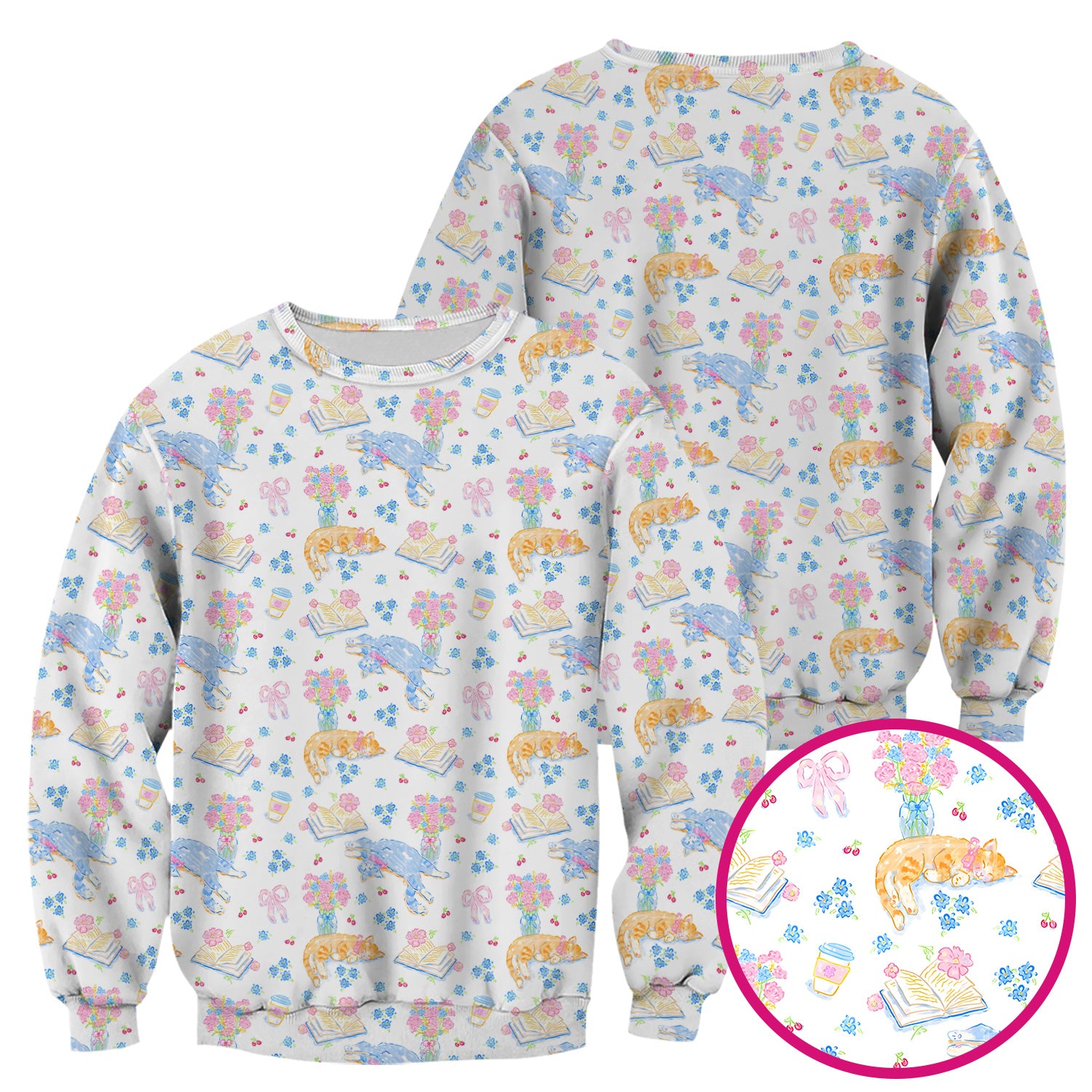 Cute Cats Reading Floral Books Pattern Scrub Top, Comfortable Scrubs for Nurses