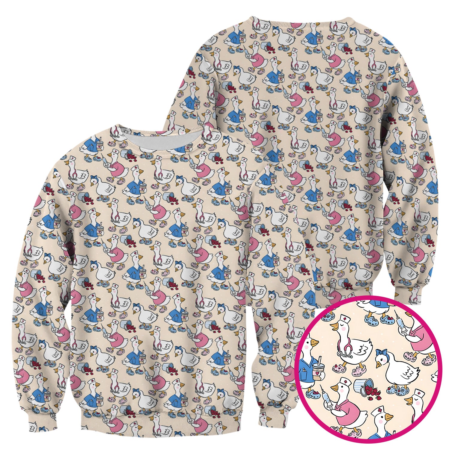 Cute Nurse Goose Cartoon Pattern Scrub Top, Comfortable Scrubs for Nurses