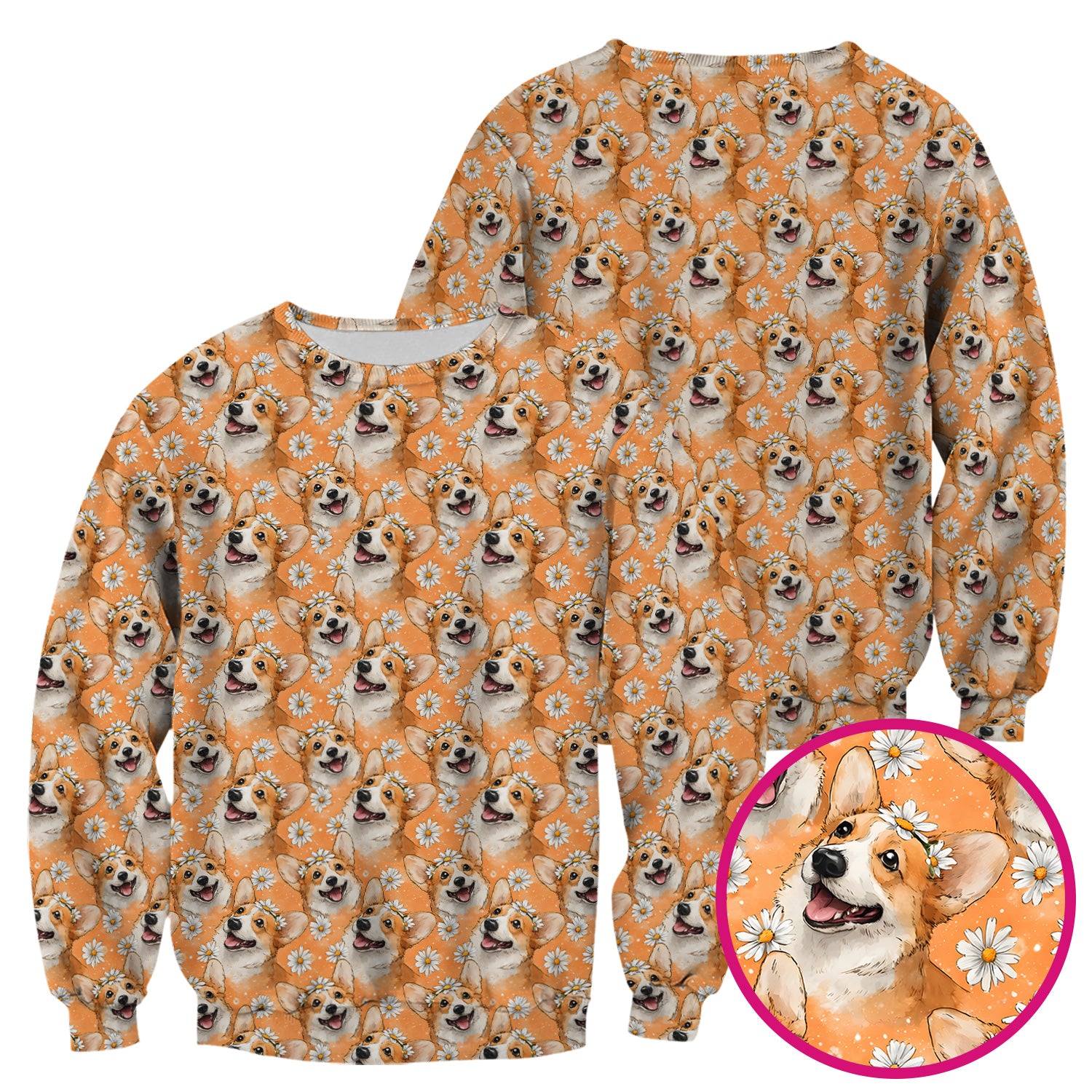 Happy Corgi Daisy Floral Pattern Orange Scrub Top, Breathable Fabrics Nursing Uniform