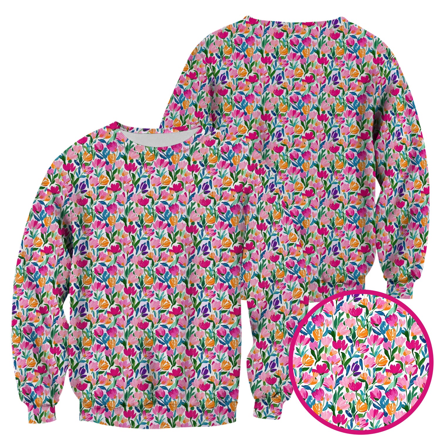 Vibrant Tulip Meadow Pattern Scrub Top, Breathable Fabrics Nursing Uniform