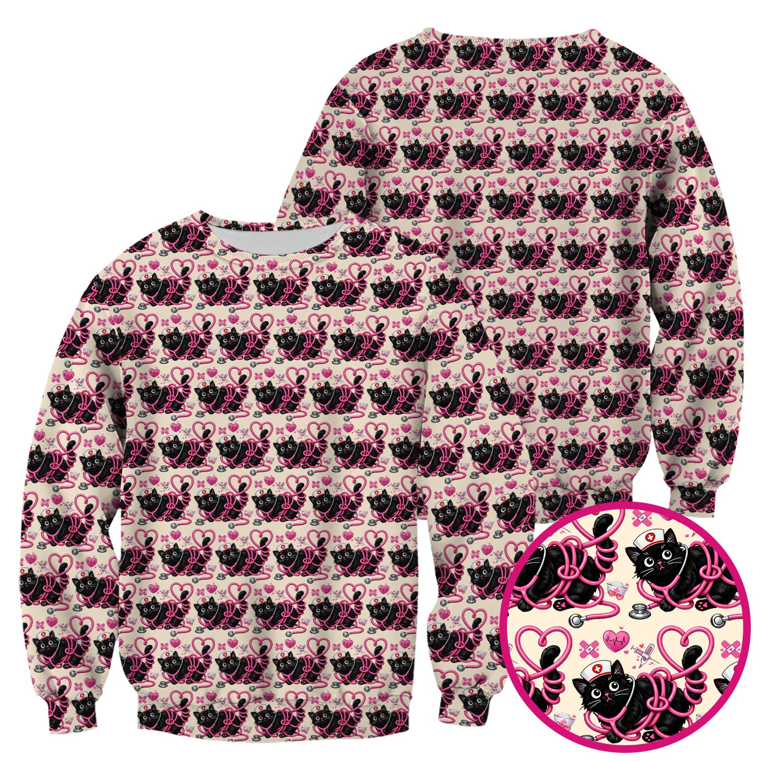 Valentine Cute Cat Nurse Heart Print Scrub Top, Comfortable Scrubs for Nurses