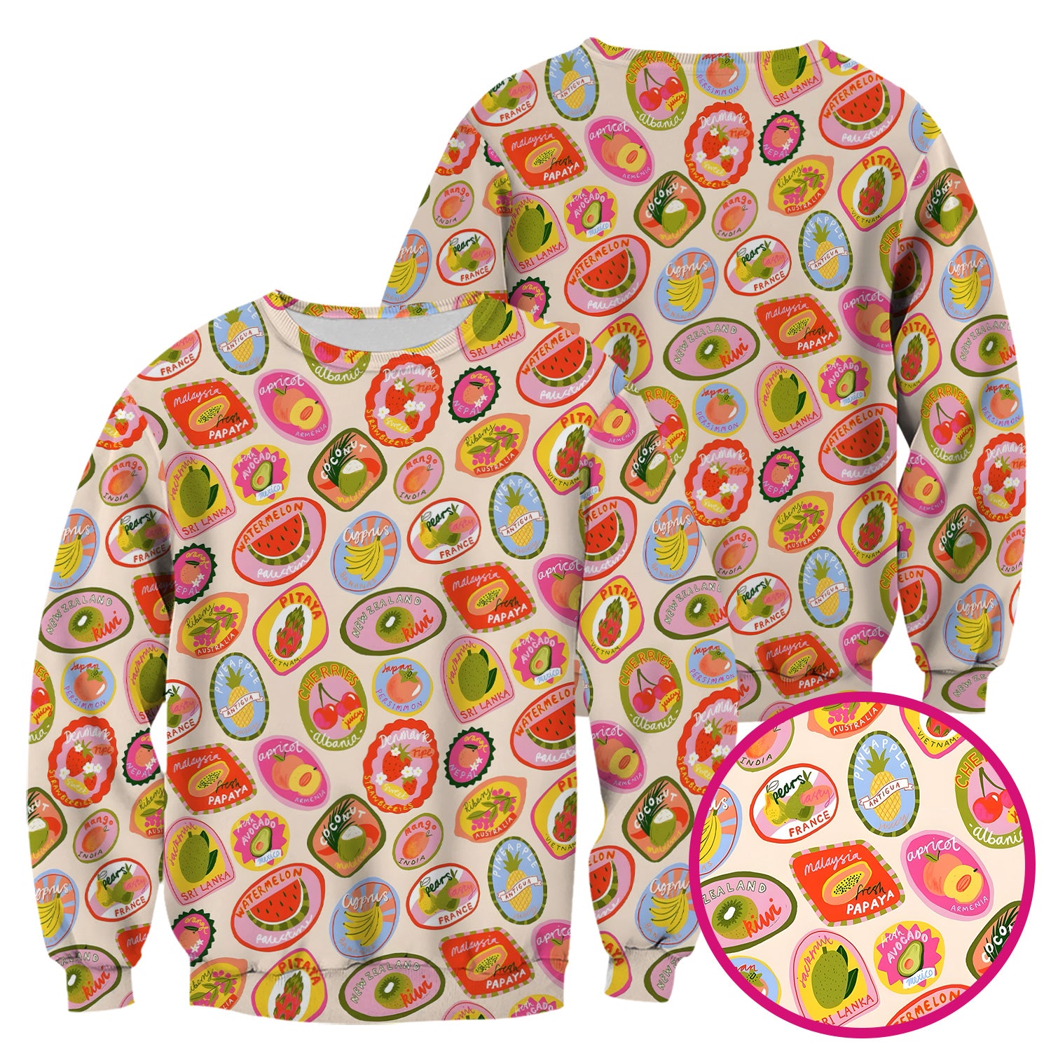Summer Colorful Fruit Sticker Pattern Scrub Top, Comfortable Scrubs For Nurses