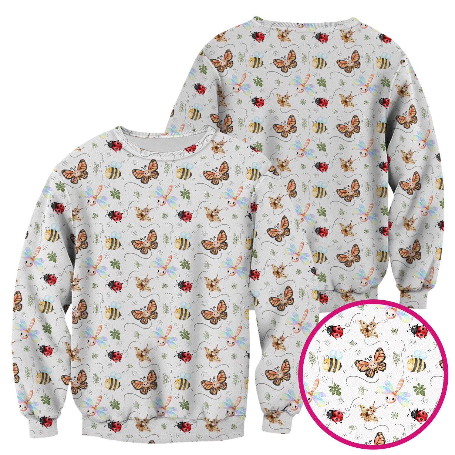 Colorful Garden Insect Pattern Scrub Top, Breathable Fabrics Nursing Uniform