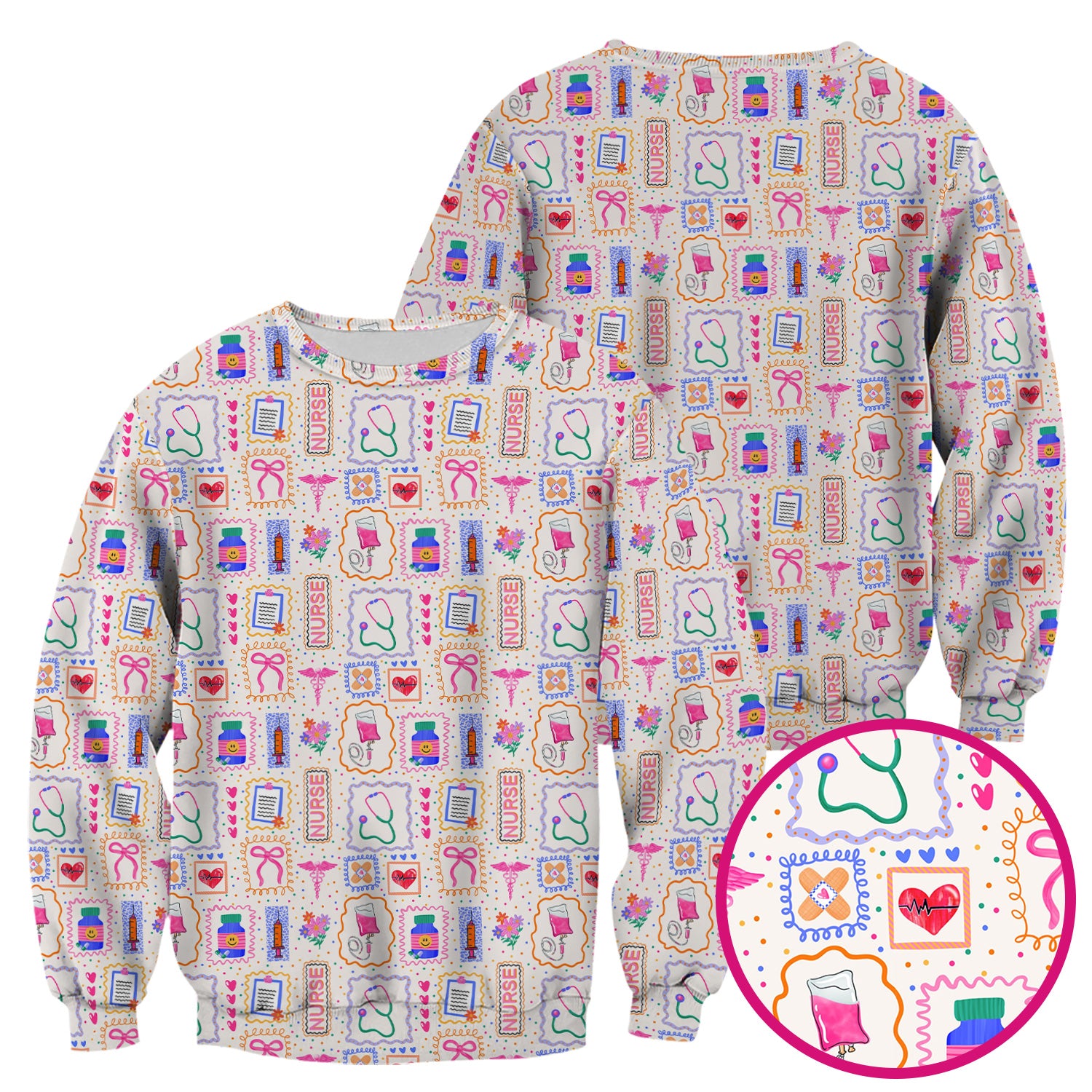 Colorful Nurse Medical Icon Pattern Scrub Top, Comfortable Scrubs for Nurses