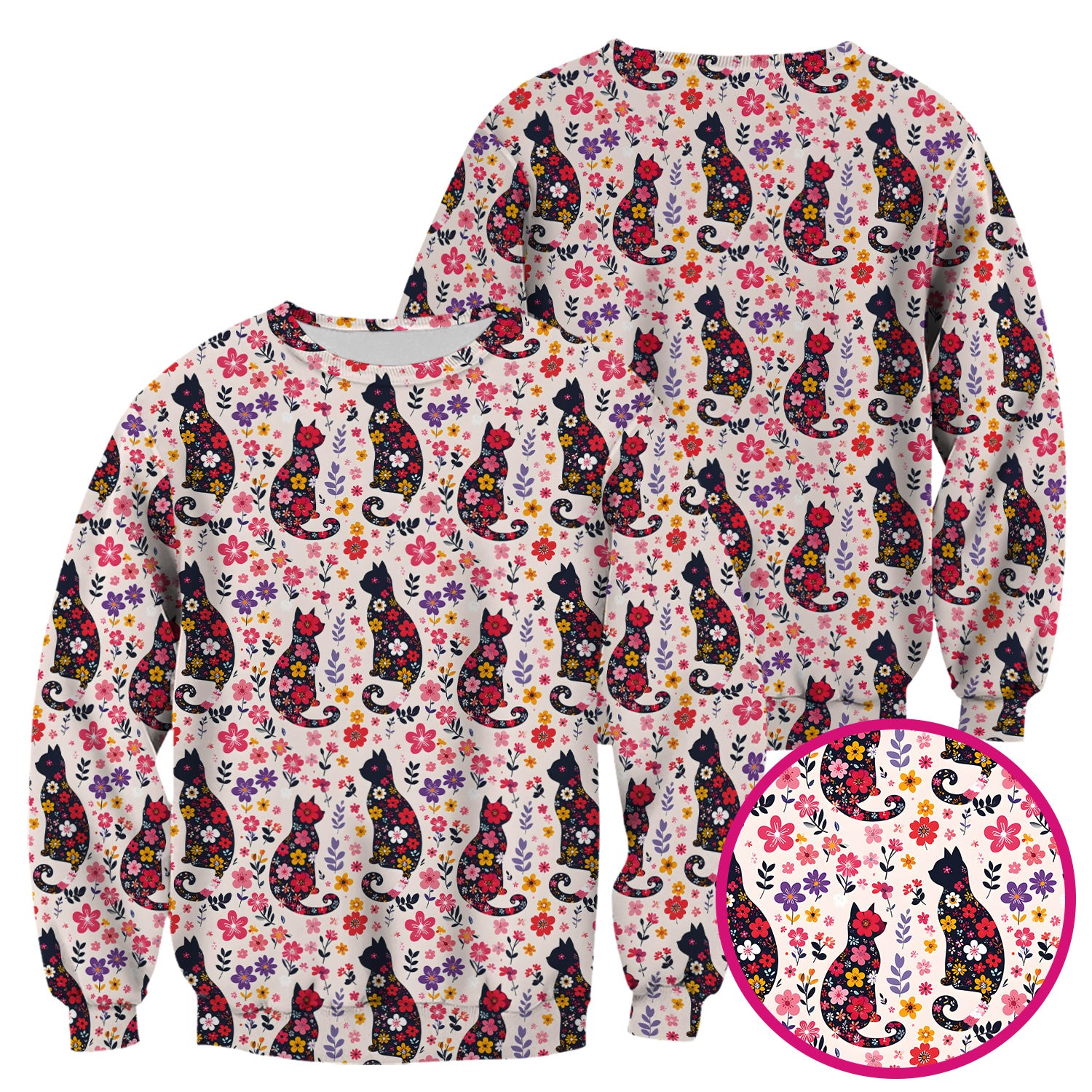 Floral Cat Silhouette Spring Garden Pattern Scrub Top, Comfortable Scrubs for Nurses