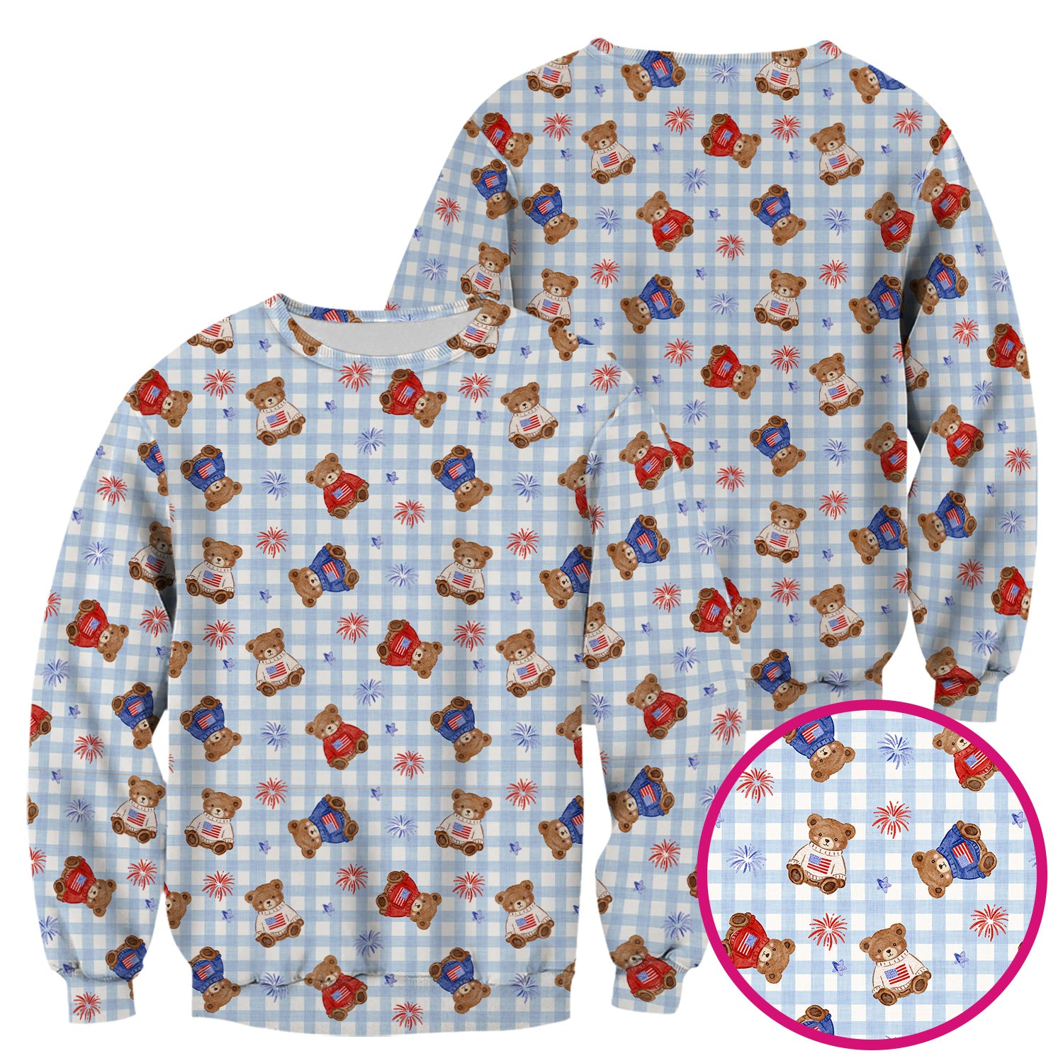 Cute Patriotic Teddy Bear Firework Gingham Pattern Scrub Top, Comfortable Scrubs for Nurses
