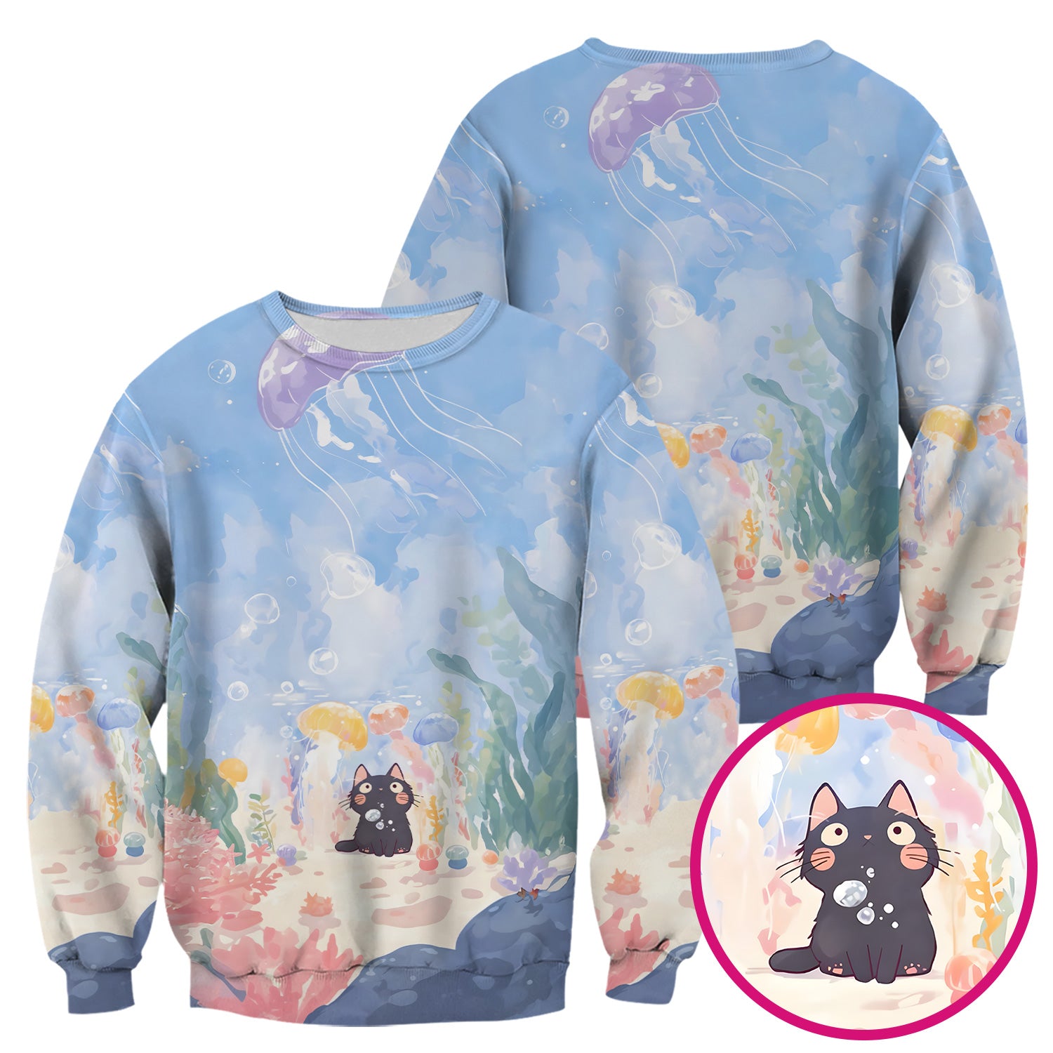 Cute Underwater Black Cat Jellyfish Pattern Scrub Top, Comfortable Scrubs for Nurses