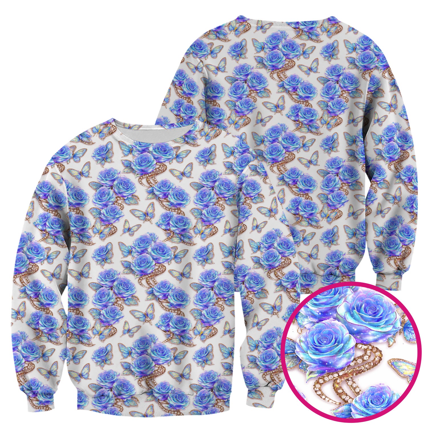 Elegant Blue Rose Floral Print Scrub Top, Soft & Breathable Nurse Scrubs